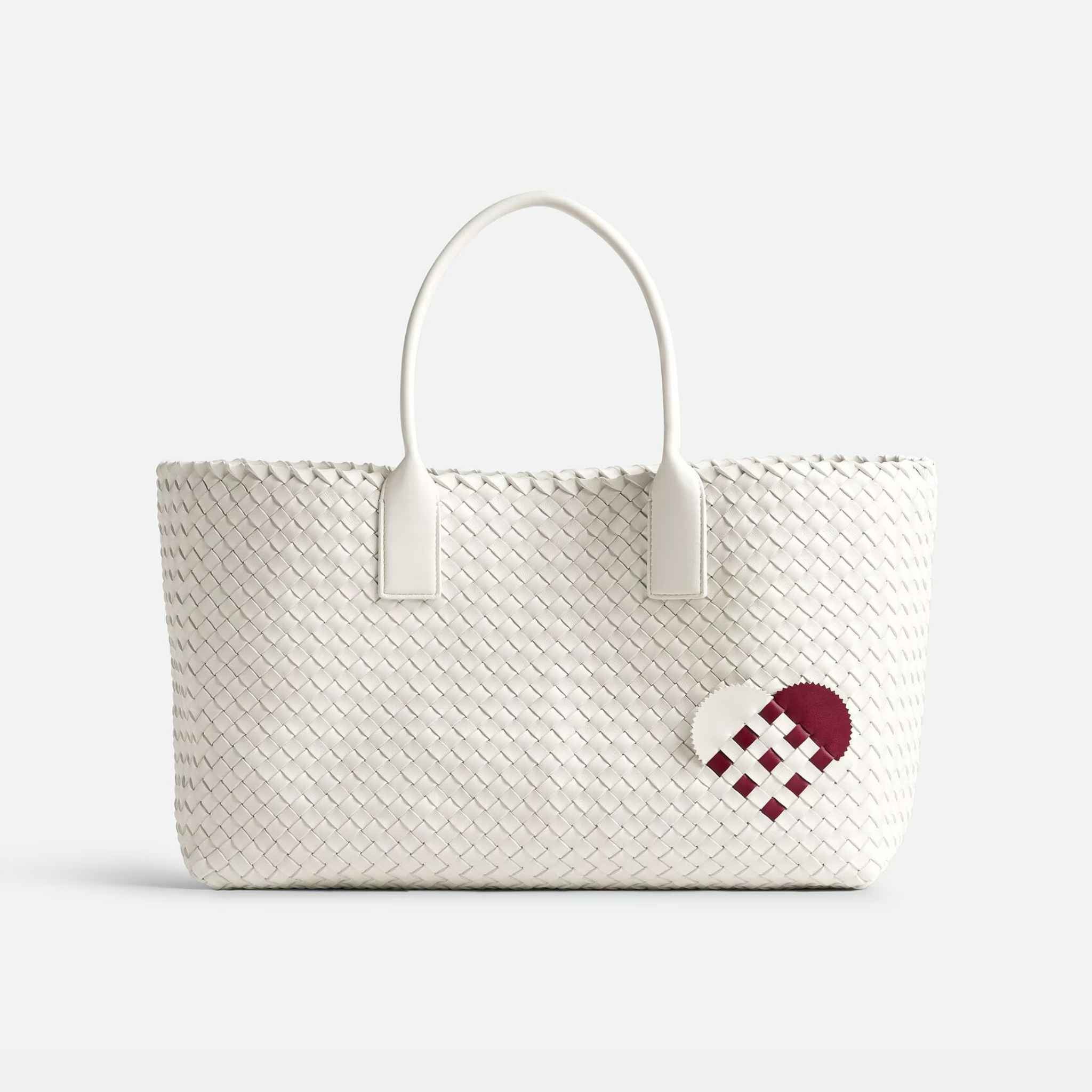 Cabat Intreccio Leather Tote Bag White Dark Red