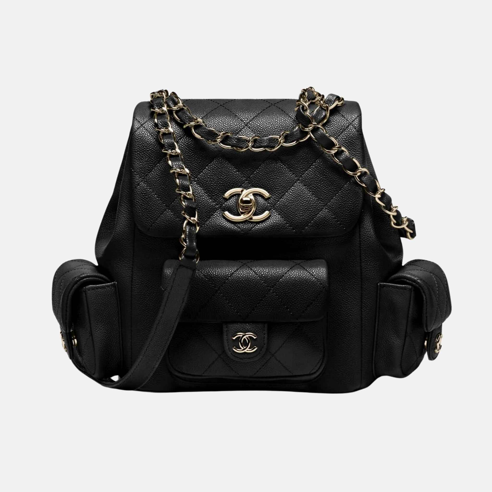 Black Backpack In Grained Shiny Calfskin And Gold Tone Metal