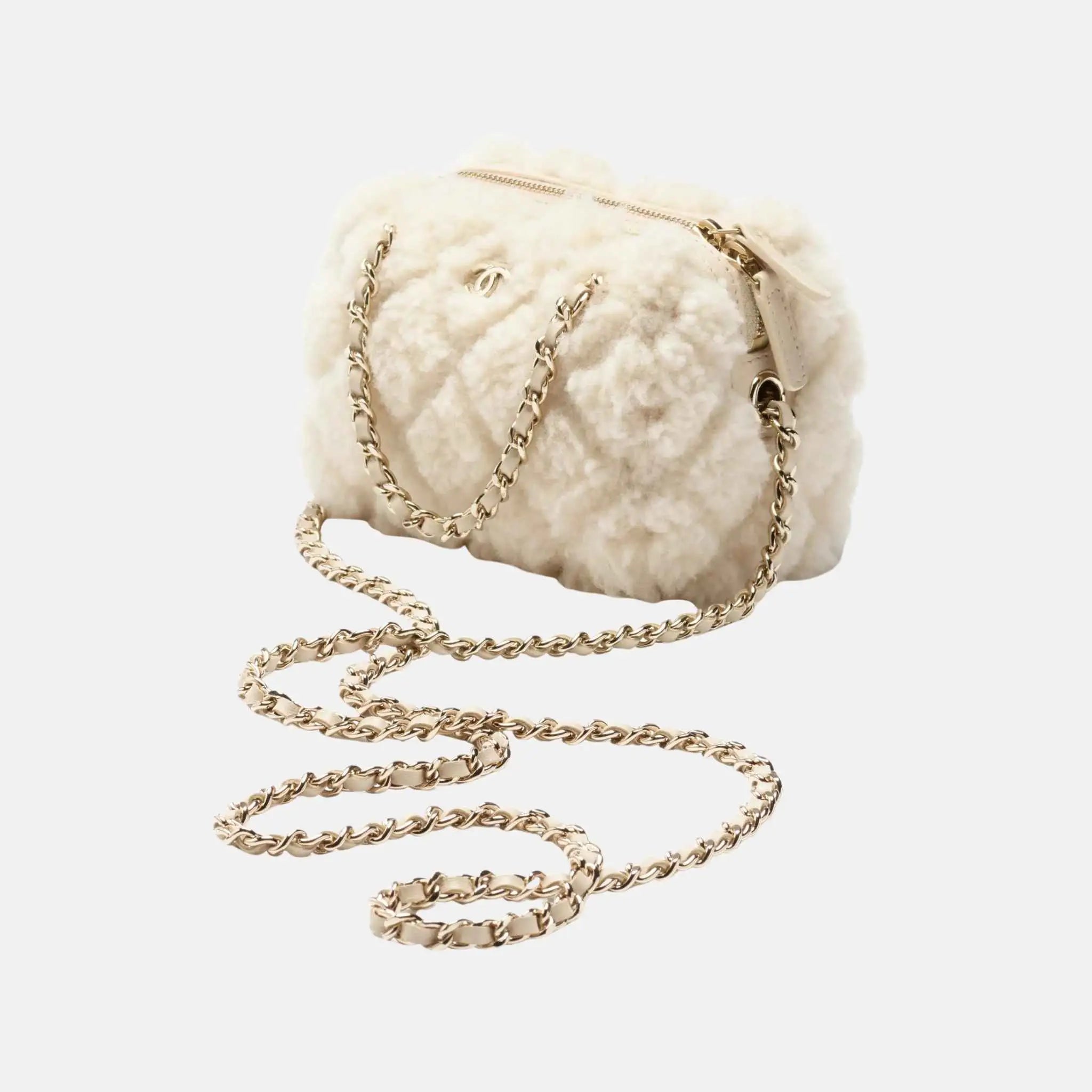 Classic Clutch With Chain Shearling Sheepskin Gold Tone Metal