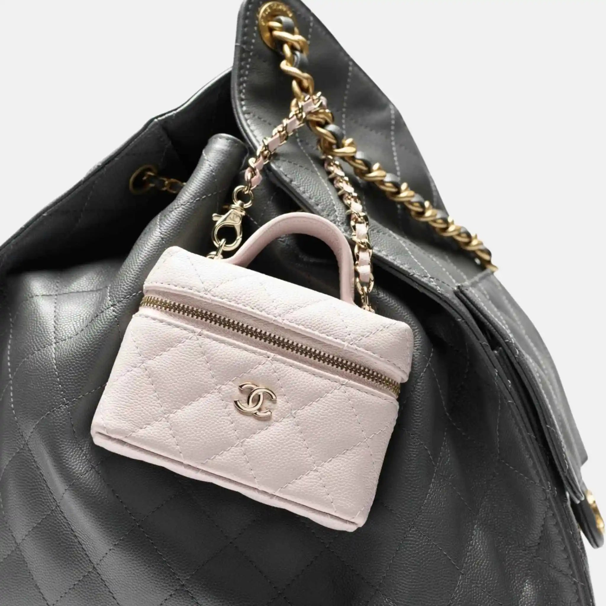 Classic Mini Bag Charm Grained Shiny Calfskin Gold Tone Metal