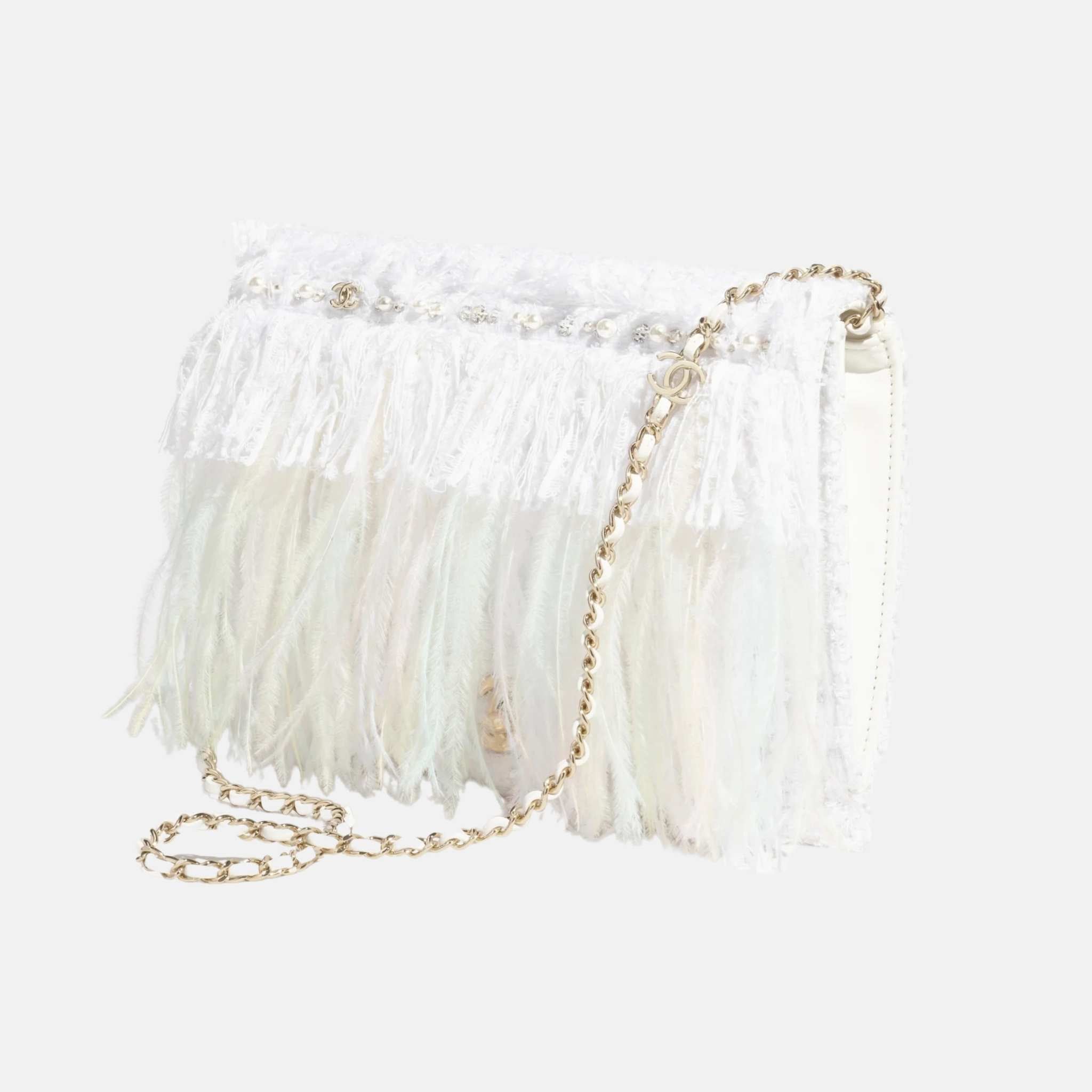 Clutch In Tweed Feathers Pearls & Gold Tone Metal White