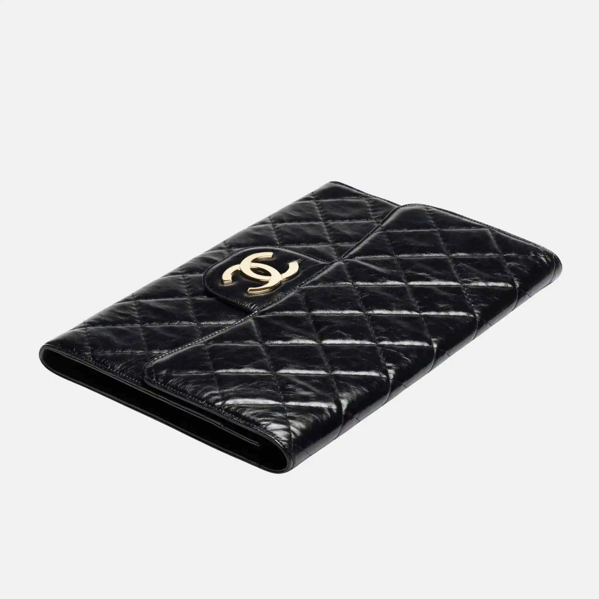 Large Clutch Shiny Crumpled Calfskin Gold Tone Metal