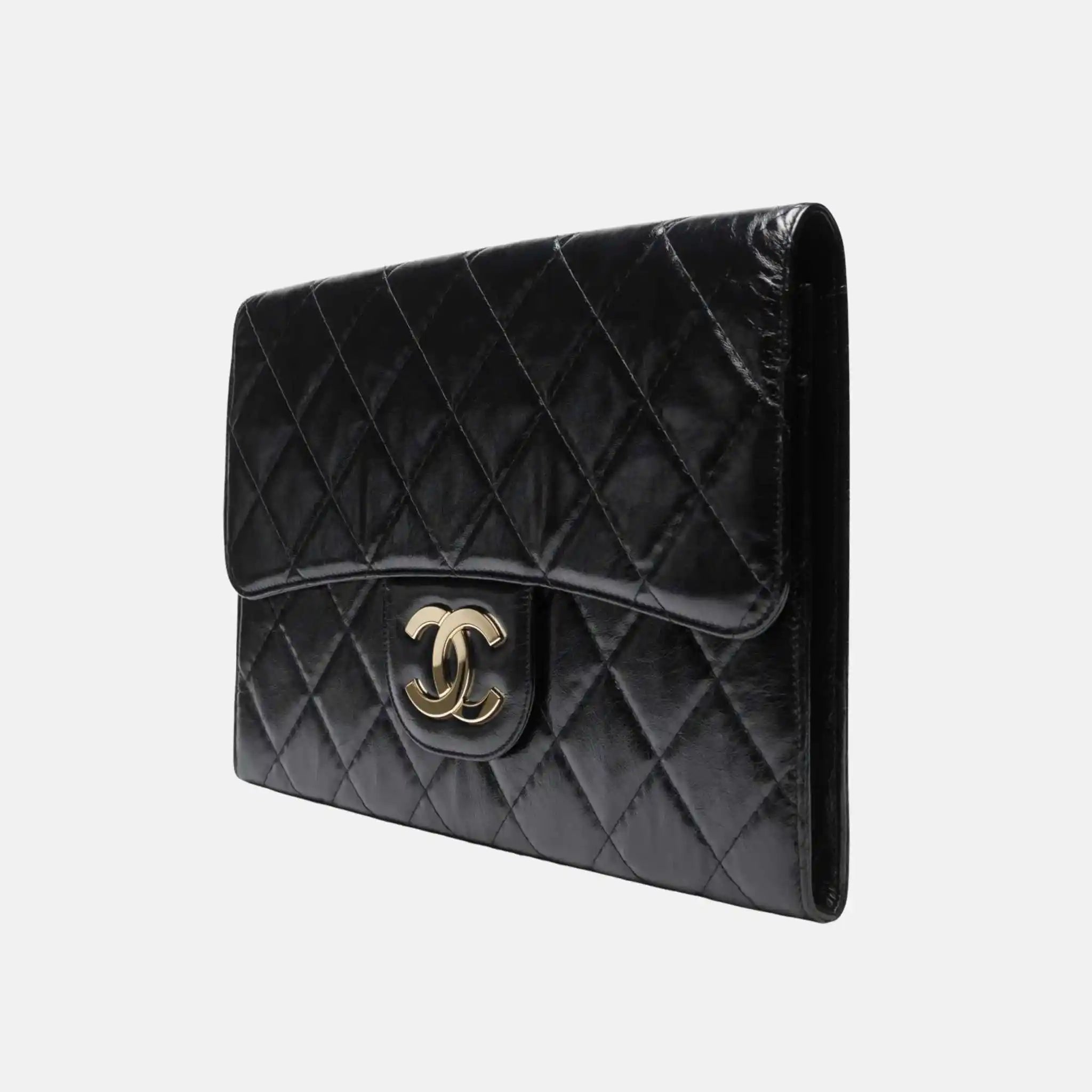 Large Clutch Shiny Crumpled Calfskin Gold Tone Metal