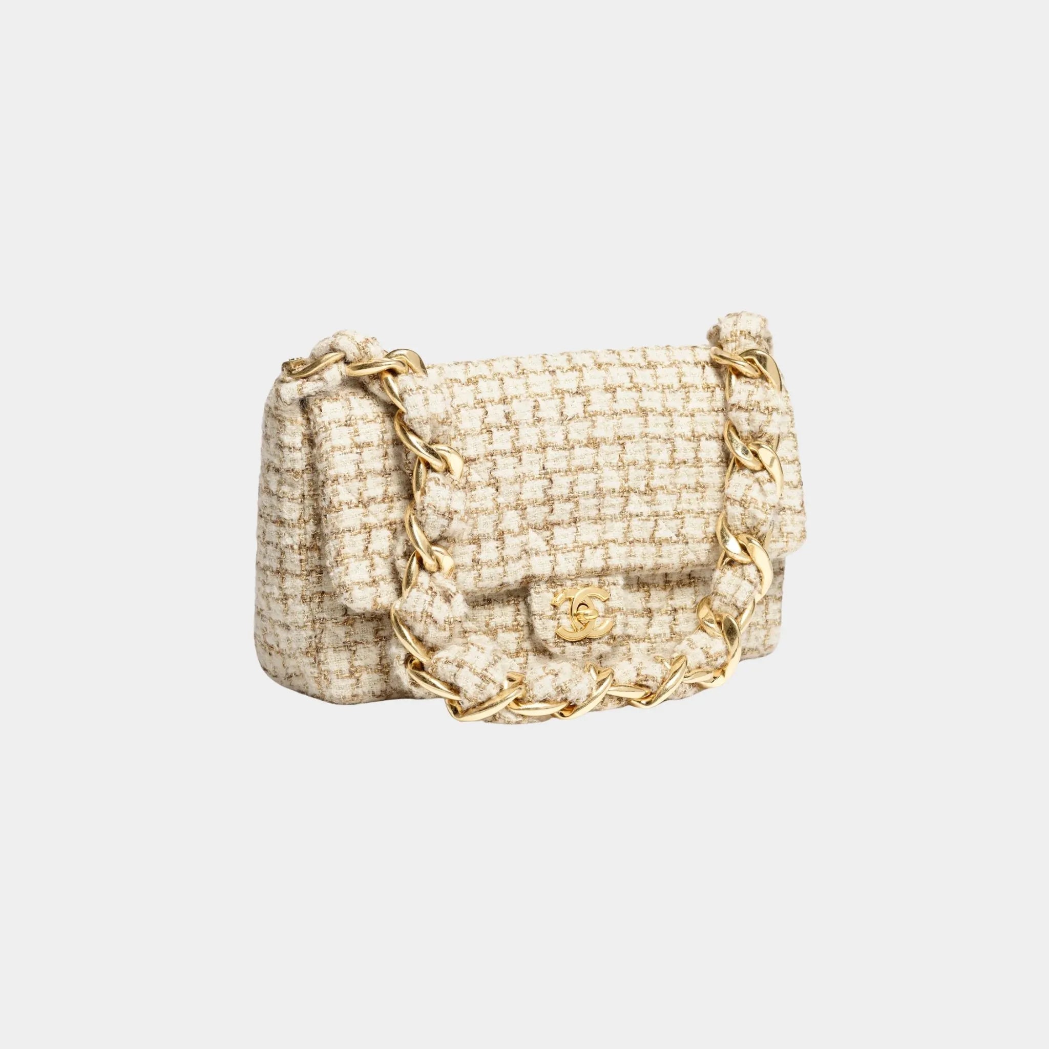 Large Flap Bag Tweed & Gold Metal Ecru Beige & Gold
