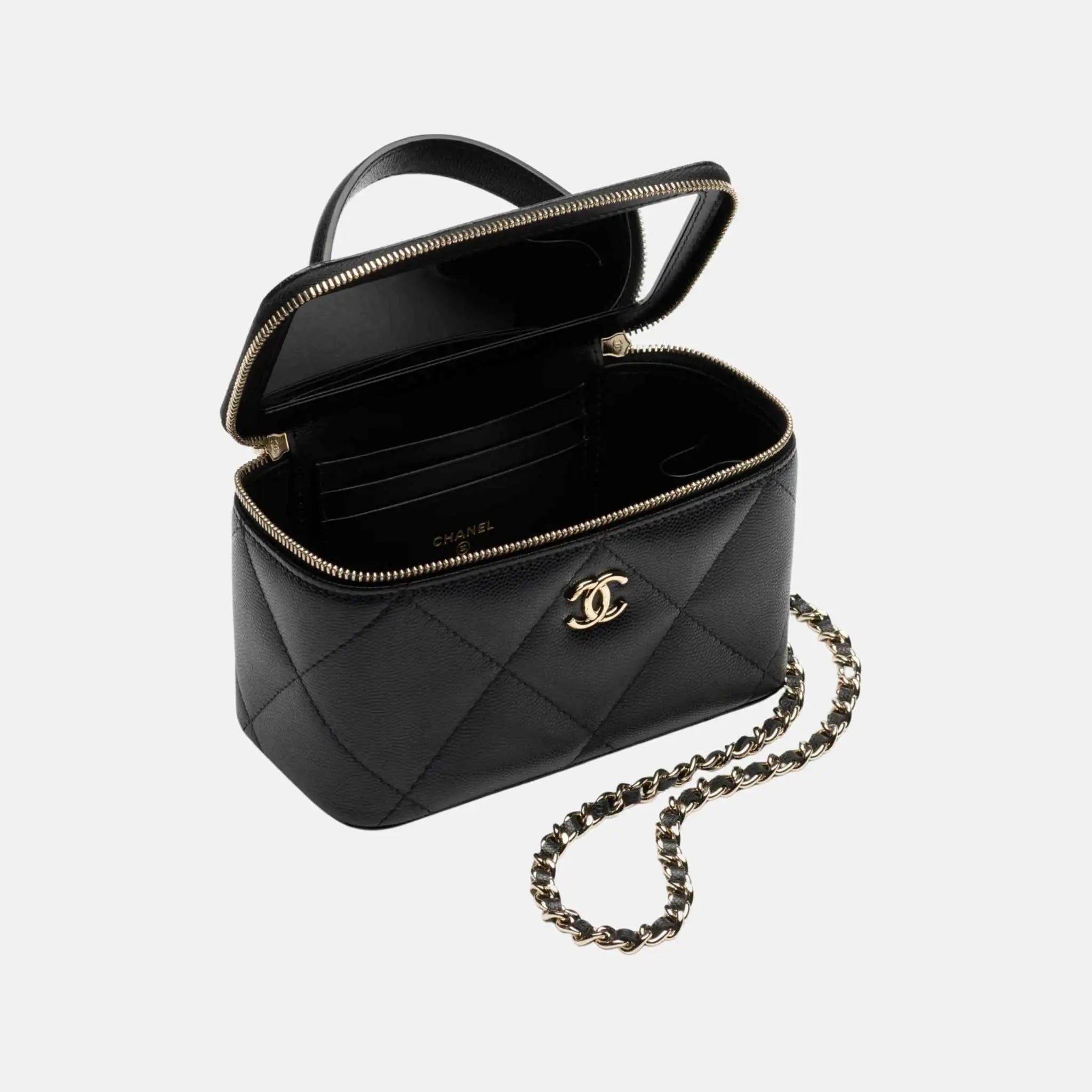 Long Vanity With Chain Grained Shiny Calfskin Gold Tone Metal Black
