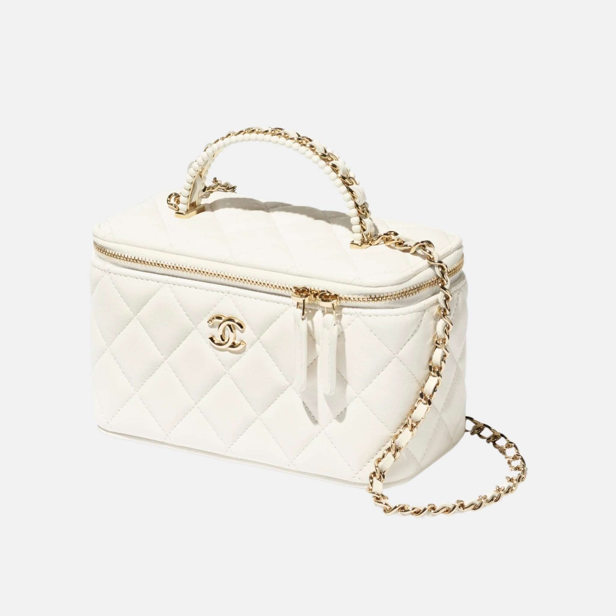 Long Vanity With Chain In Lambskin & Pearls White