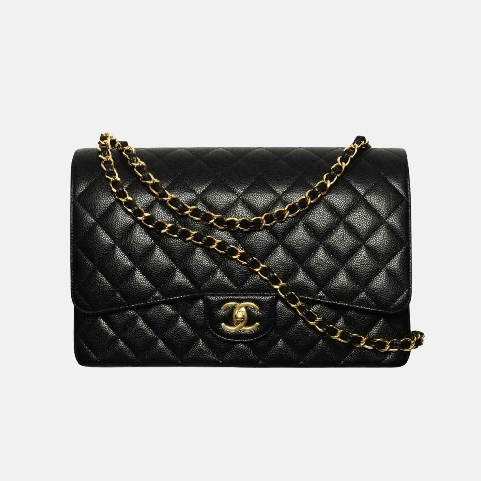 Maxi Classic Grained Calfskin Handbag In Gold Tone Metal