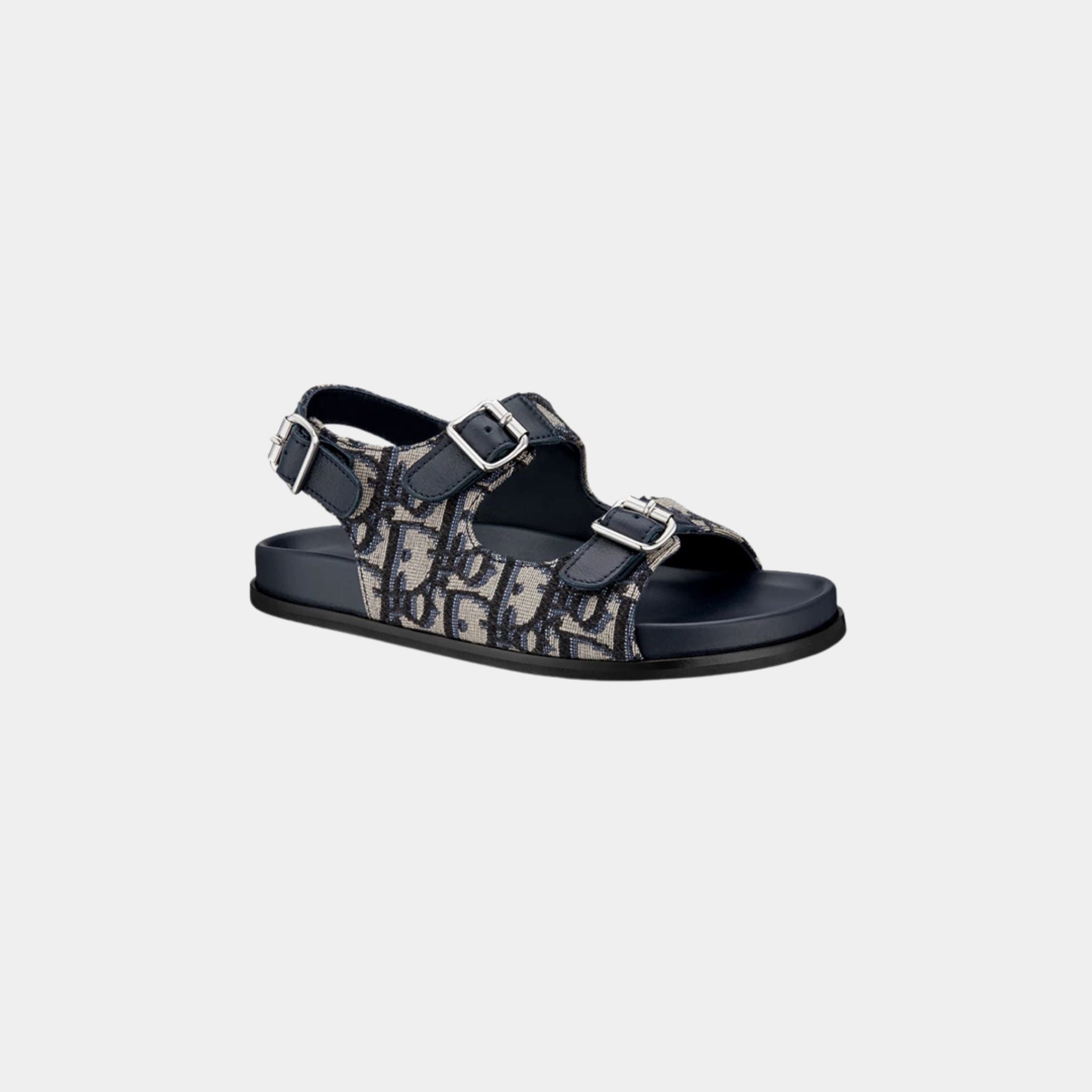 Kids Sandal in Blue Calfskin & Black Beige Oblique Fabric