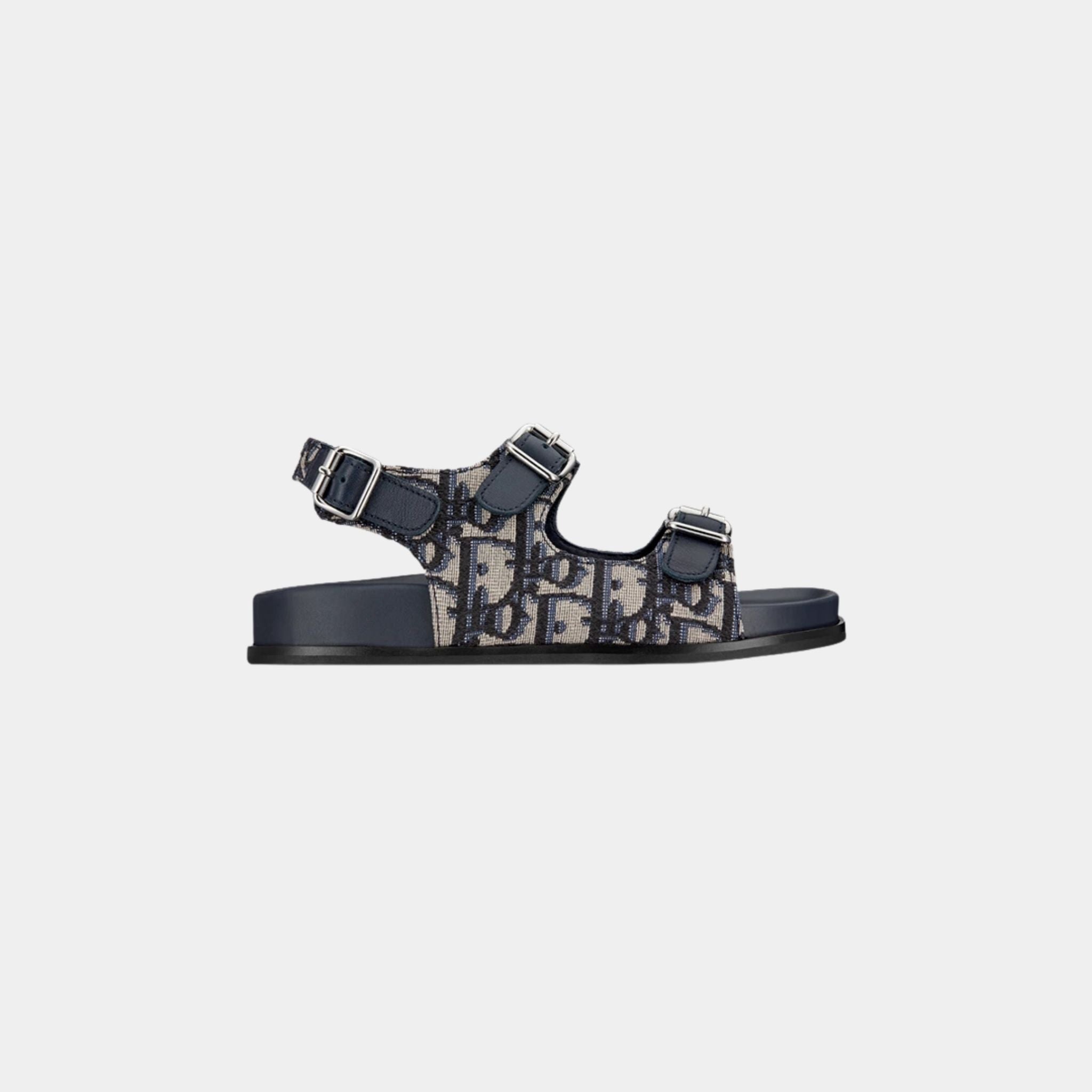 Kids Sandal in Blue Calfskin & Black Beige Oblique Fabric