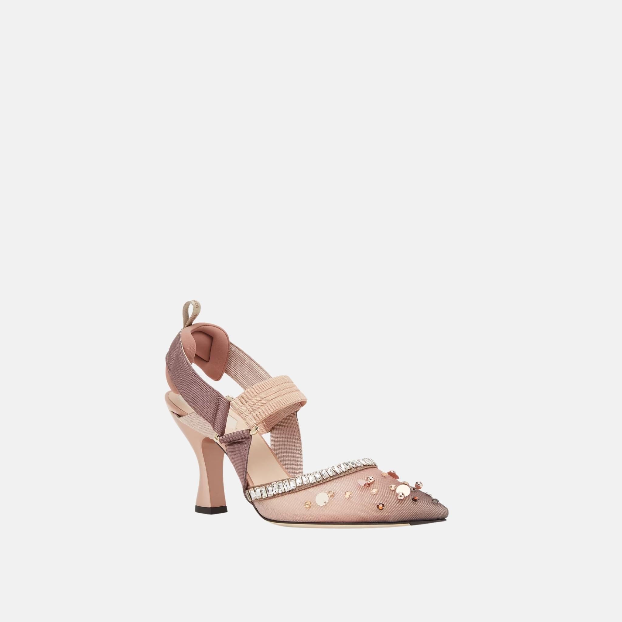 Colibri High Heeled Slingbacks In Pink Mesh & Crystals
