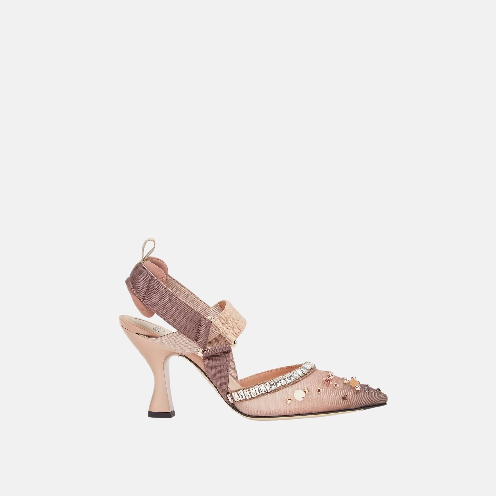Colibri High Heeled Slingbacks In Pink Mesh & Crystals