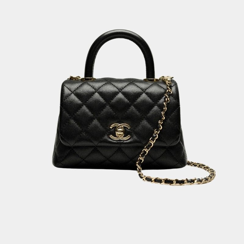 Flap Bag With Top Handle Grained Calfskin And Gold Tone Metal Black