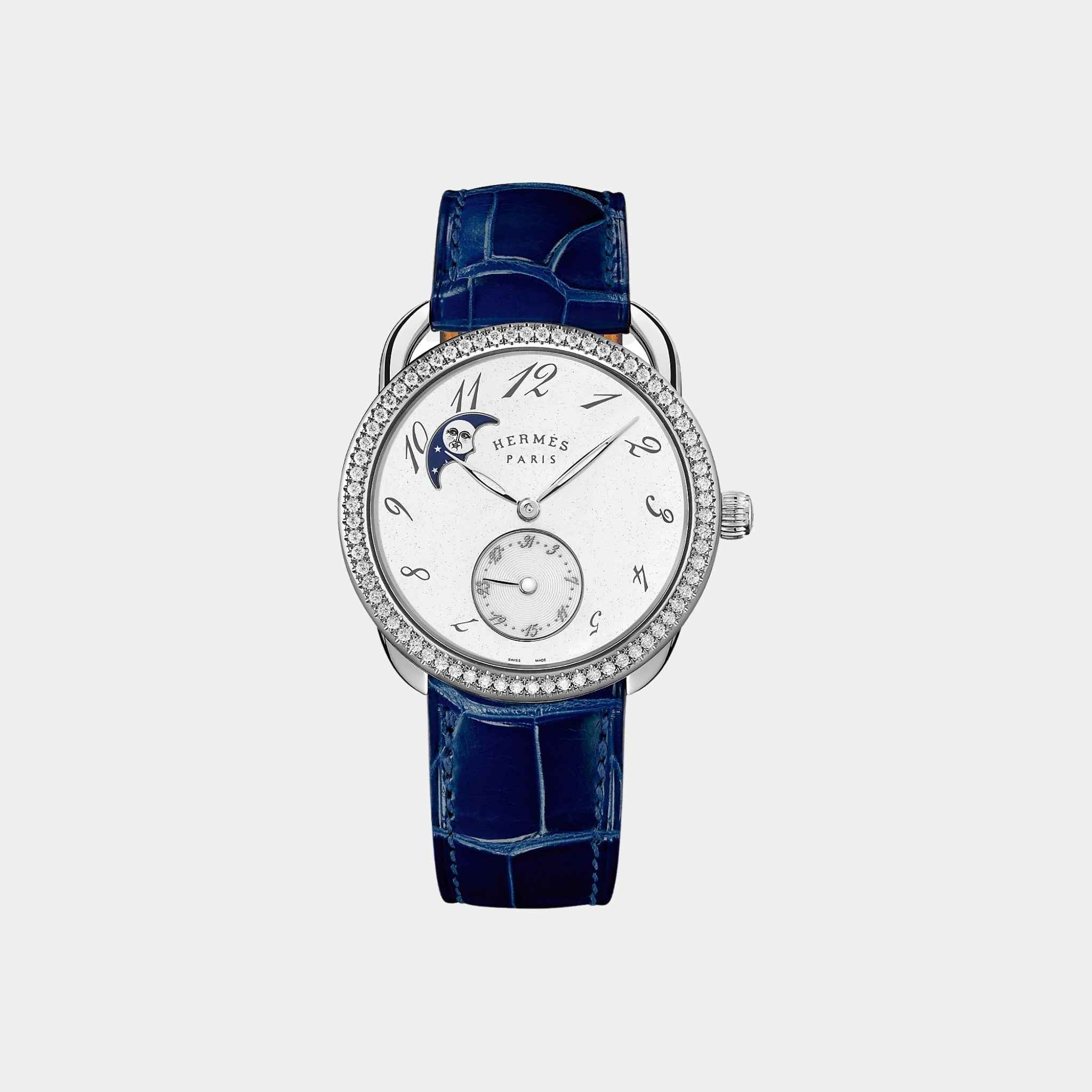 Arceau Petite Lune Gem-Set Steel Watch With Alligator Strap