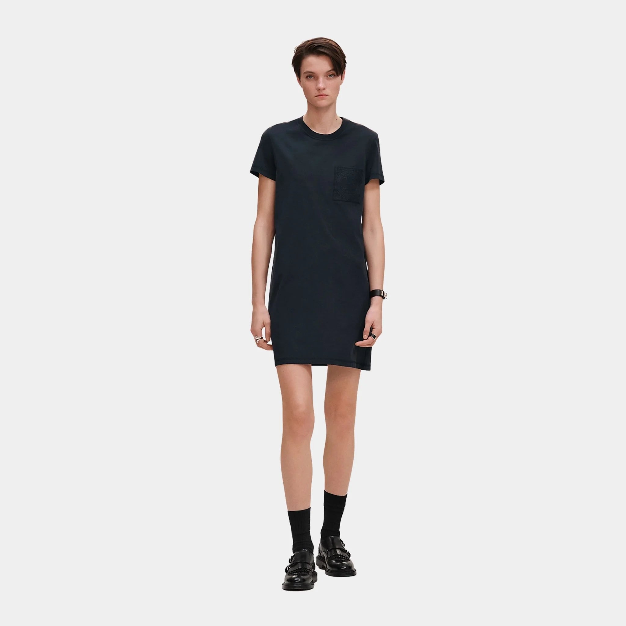 Embroidered Pocket Dress in Plain Cotton Jersey