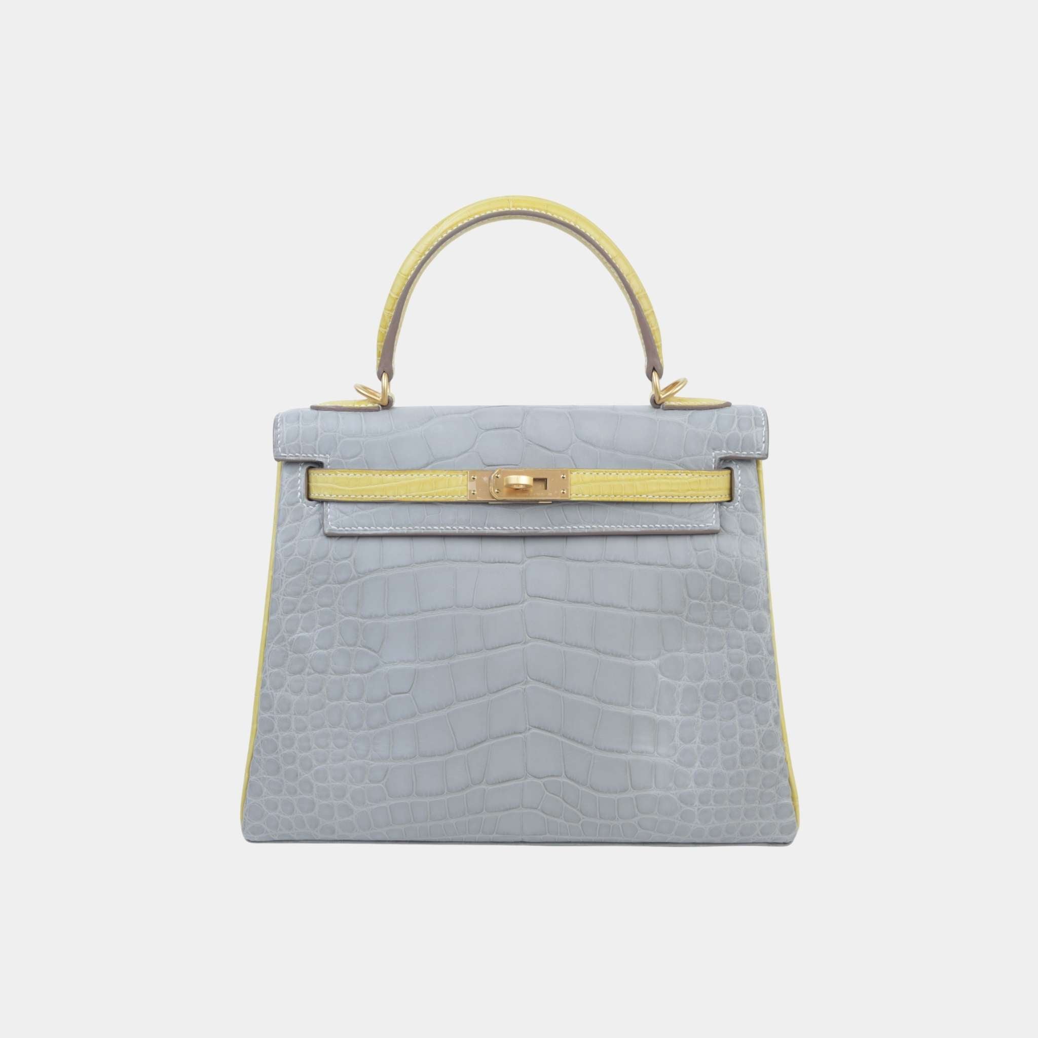 Kelly 25 Matte Alligator Gris Perle/Jaune Citron GHW