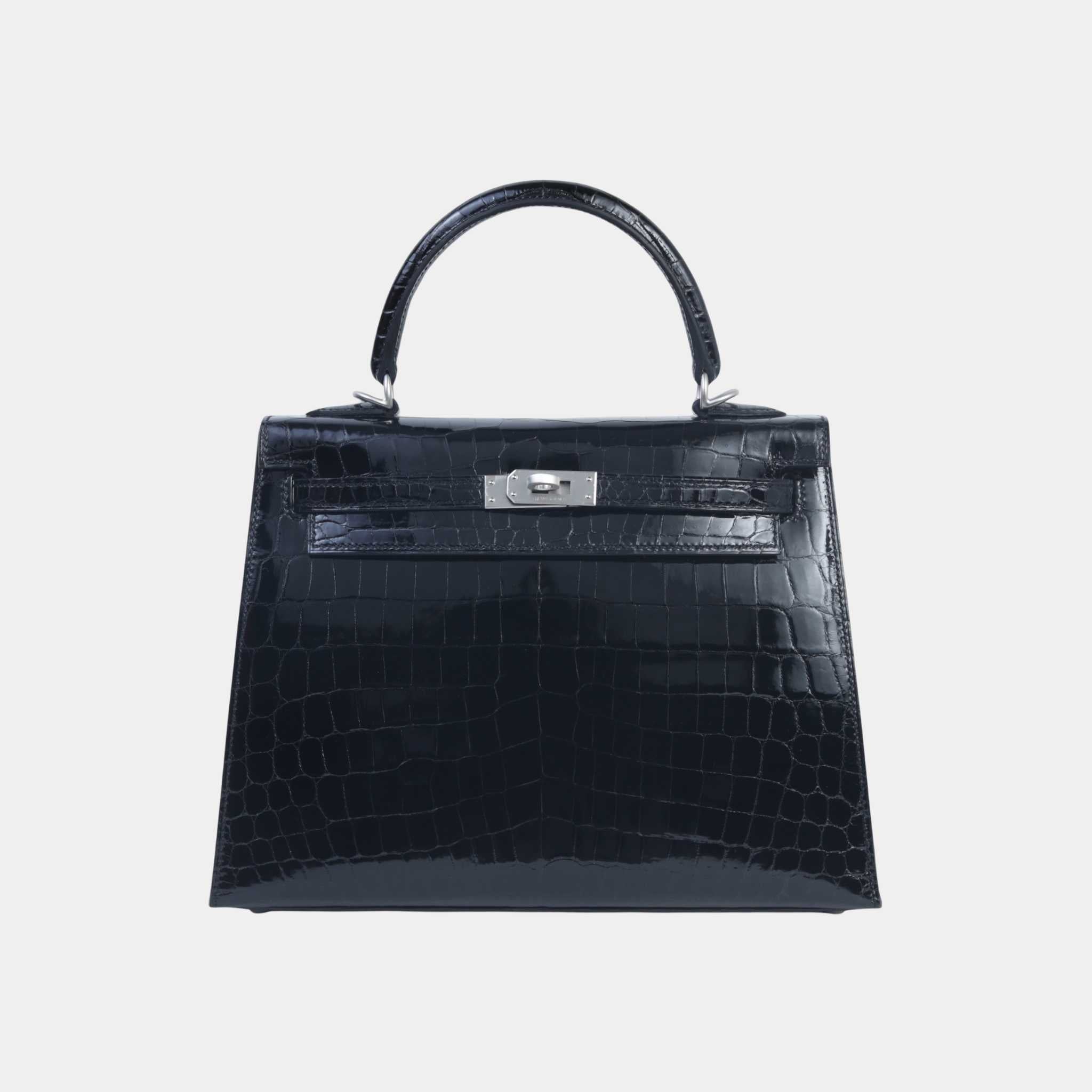 Kelly 25 Shiny Niloticus Crocodile Sellier Black PHW