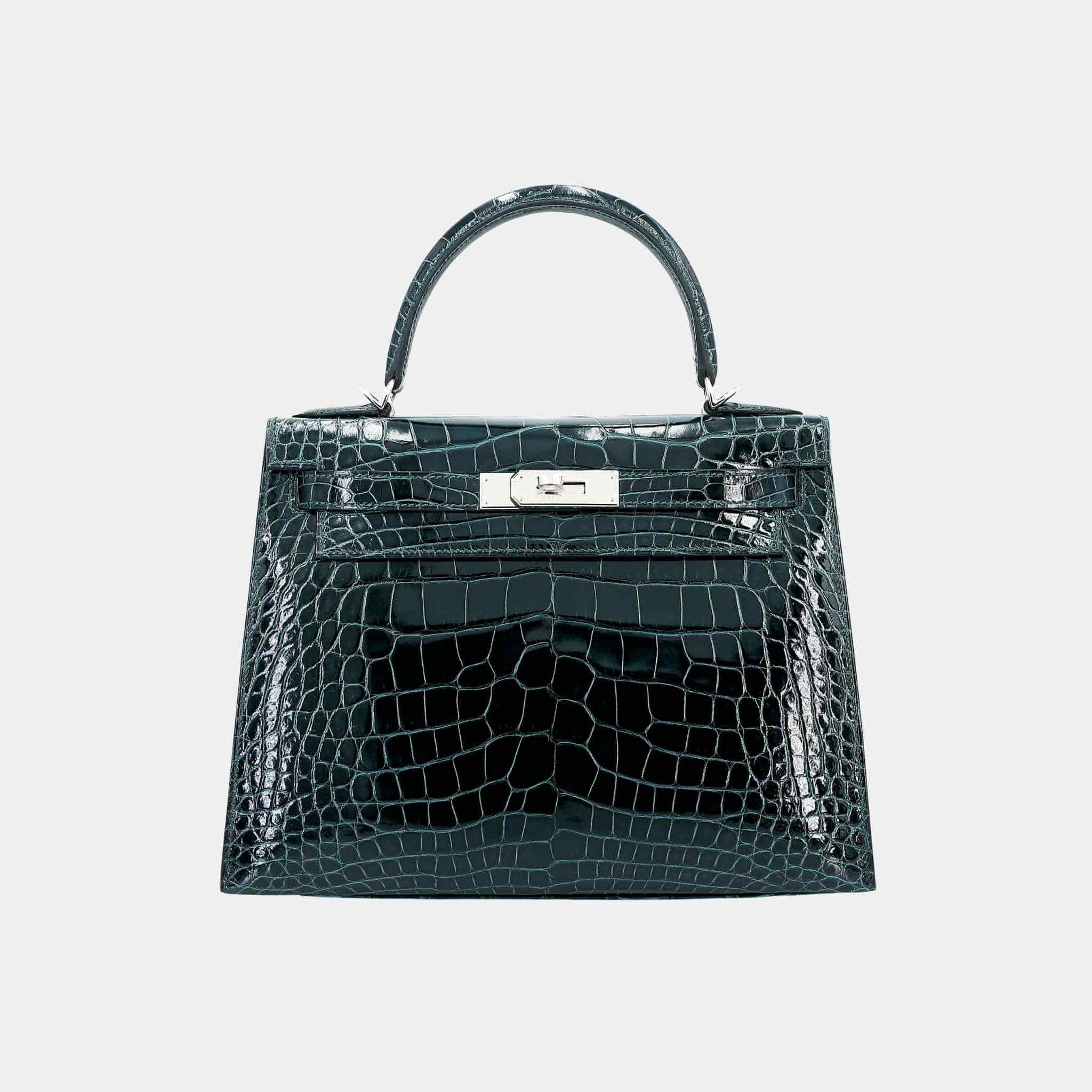 Kelly 28 Sellier Shiny Alligator Vert Cypress PHW