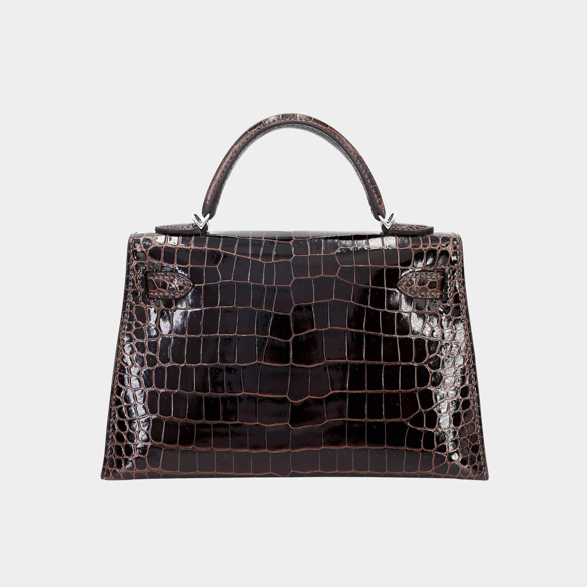 Mini Kelly II Shiny Porosus Crocodile Havane PHW