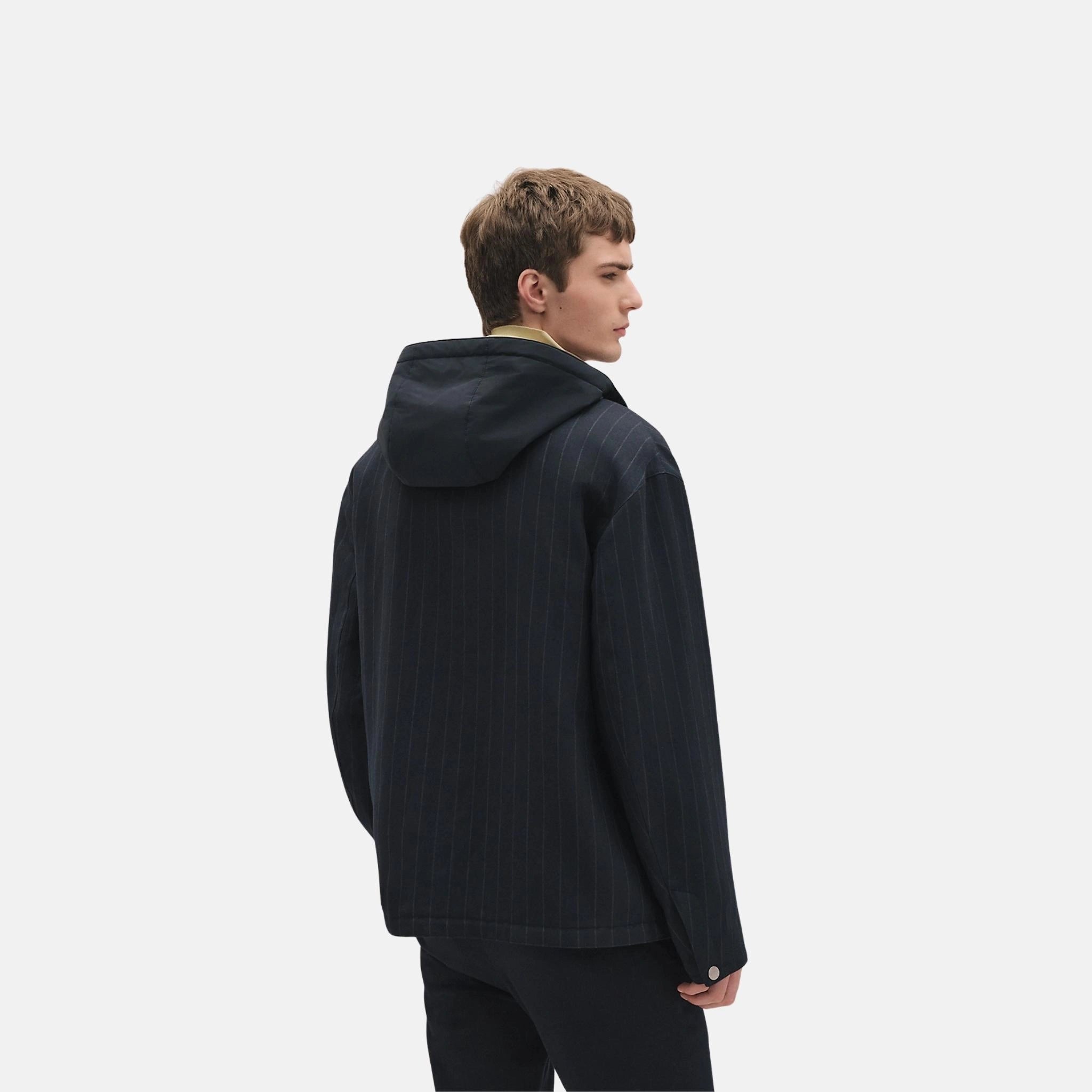 Removable Hooded Overshirt in Wool and Paper Stripes