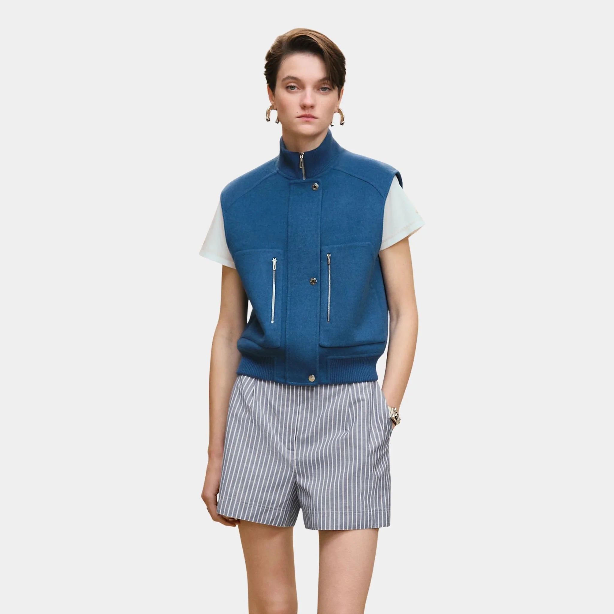 Sleeveless Short Bomber Jacket in Double-sided Cashmere
