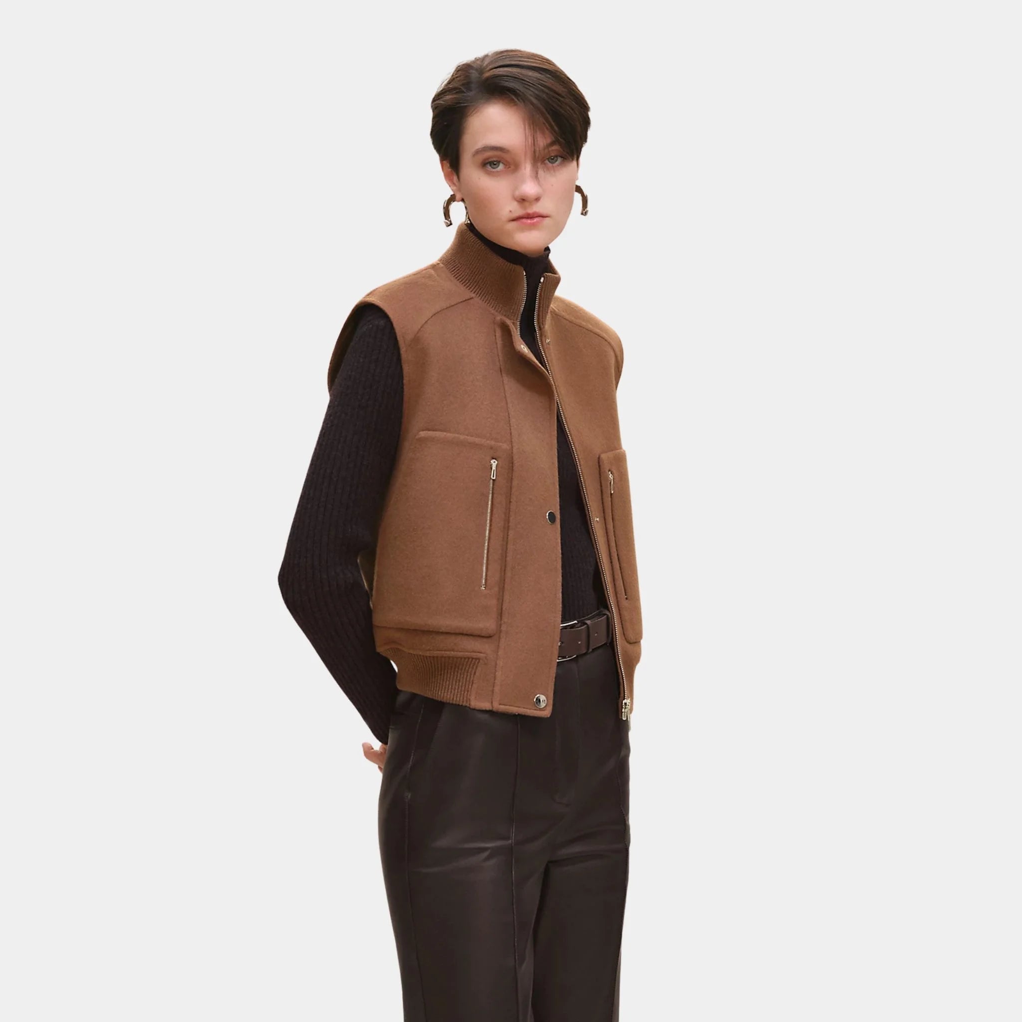 Sleeveless Short Bomber Jacket in Double-sided Cashmere
