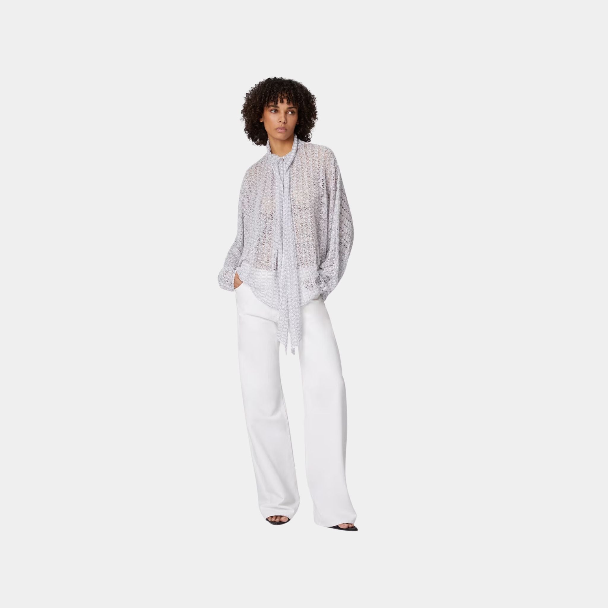 Lame Viscose Lace Blouse With Sash Collar