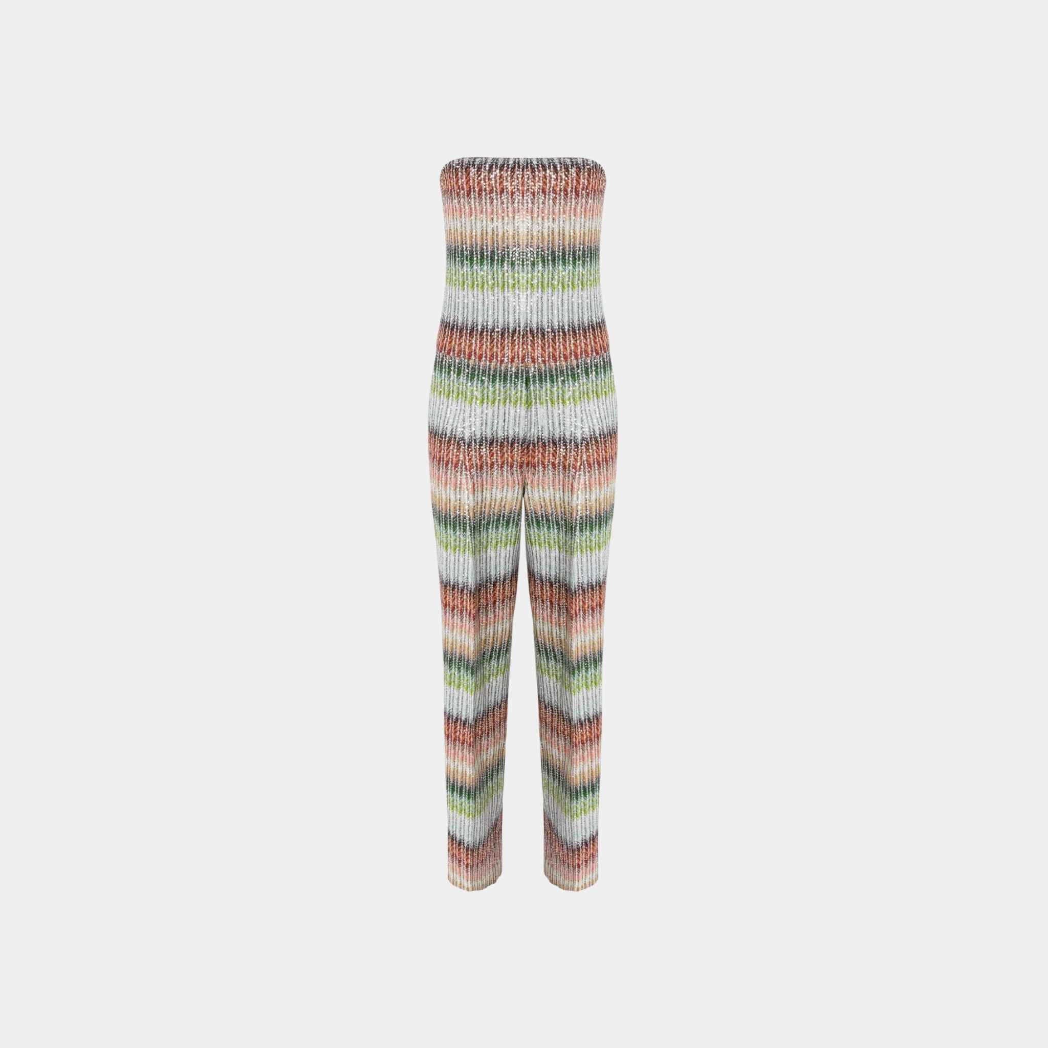 Long Bustier Jumpsuit In Gradient Zigzag Knit With Sequins