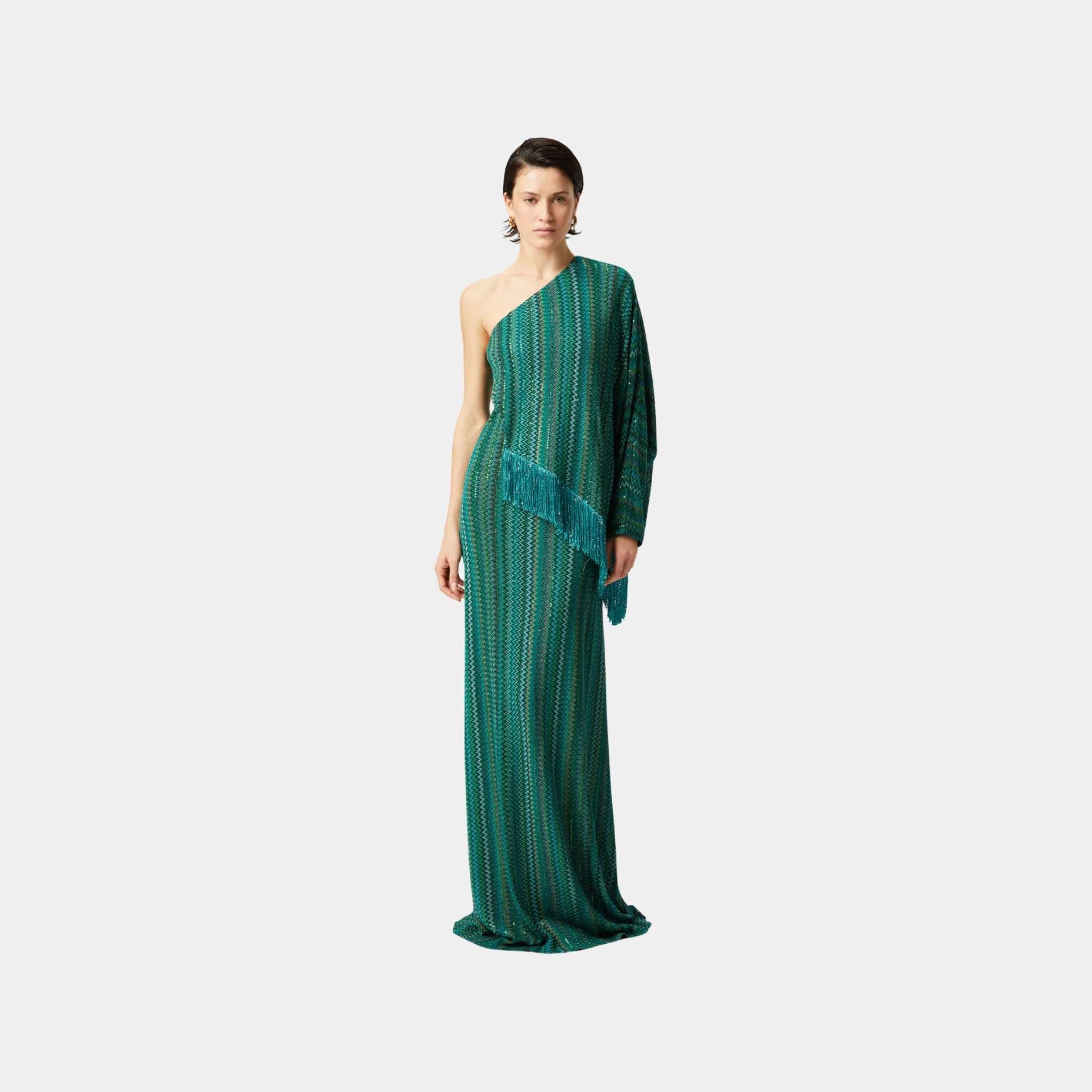 Long One Shoulder Zigzag Dress With Sequins And Fringes