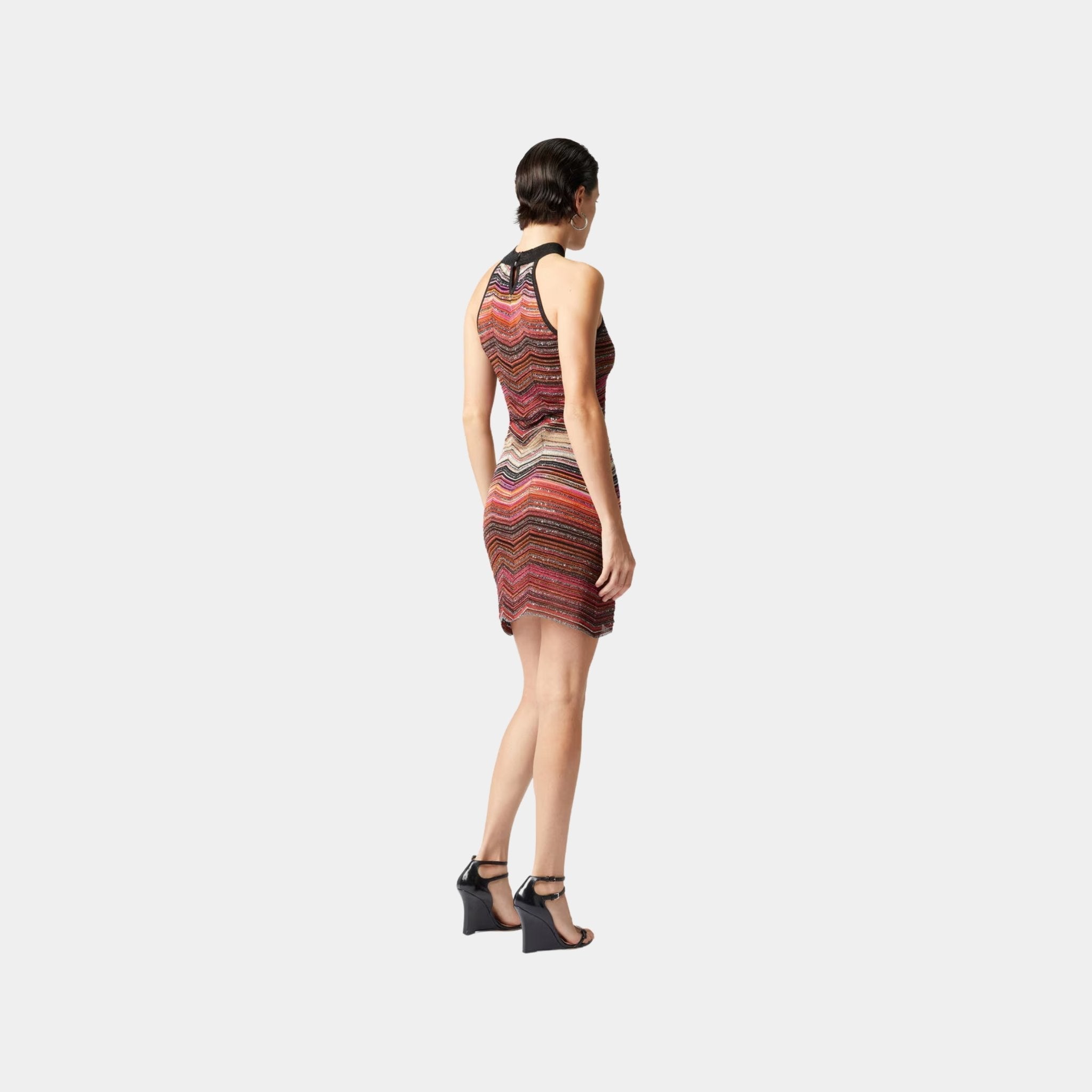 Short Sleeveless Chevron Lame Dress With Halter Neckline