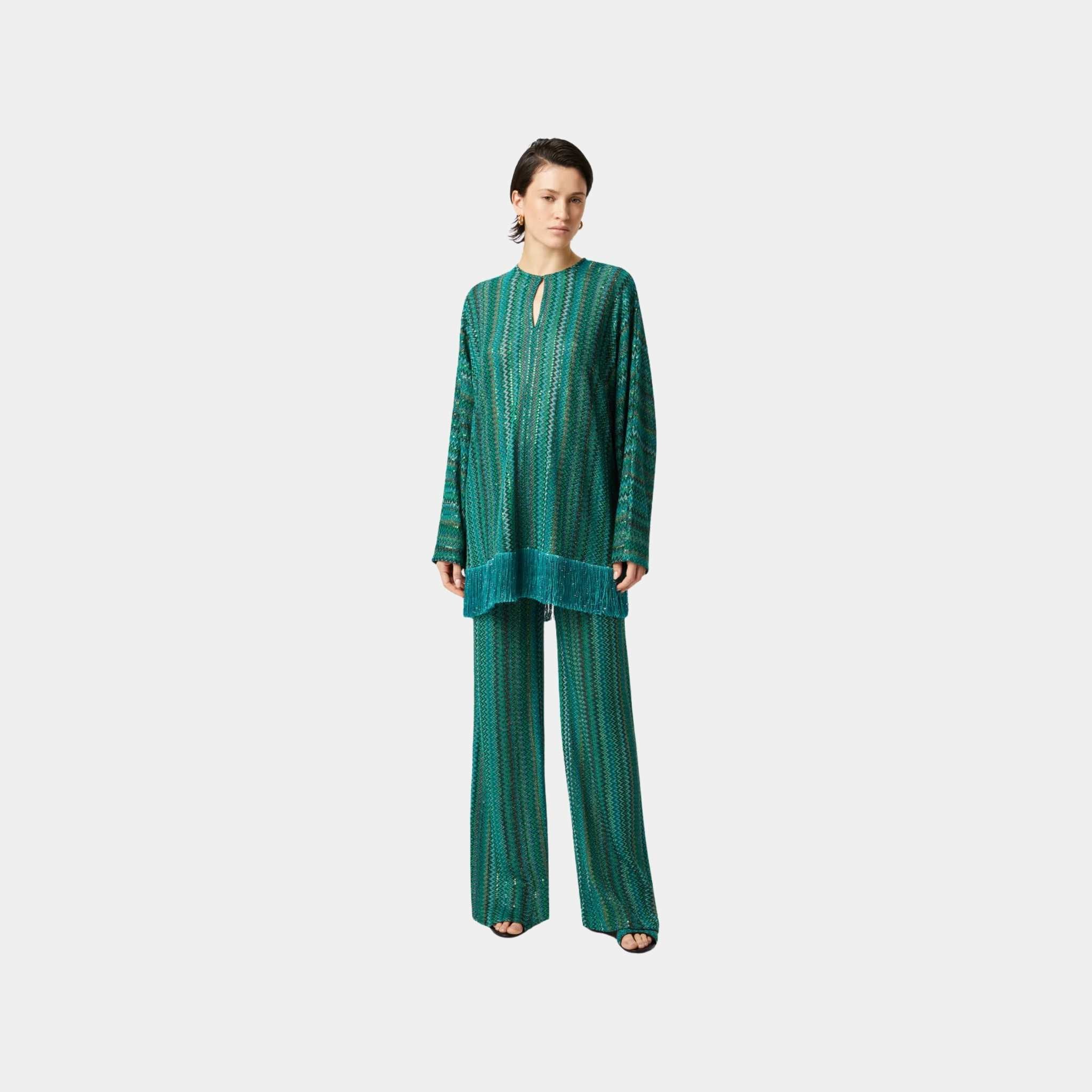 Zigzag Long Sleeved Blouse With Sequins And Fringes