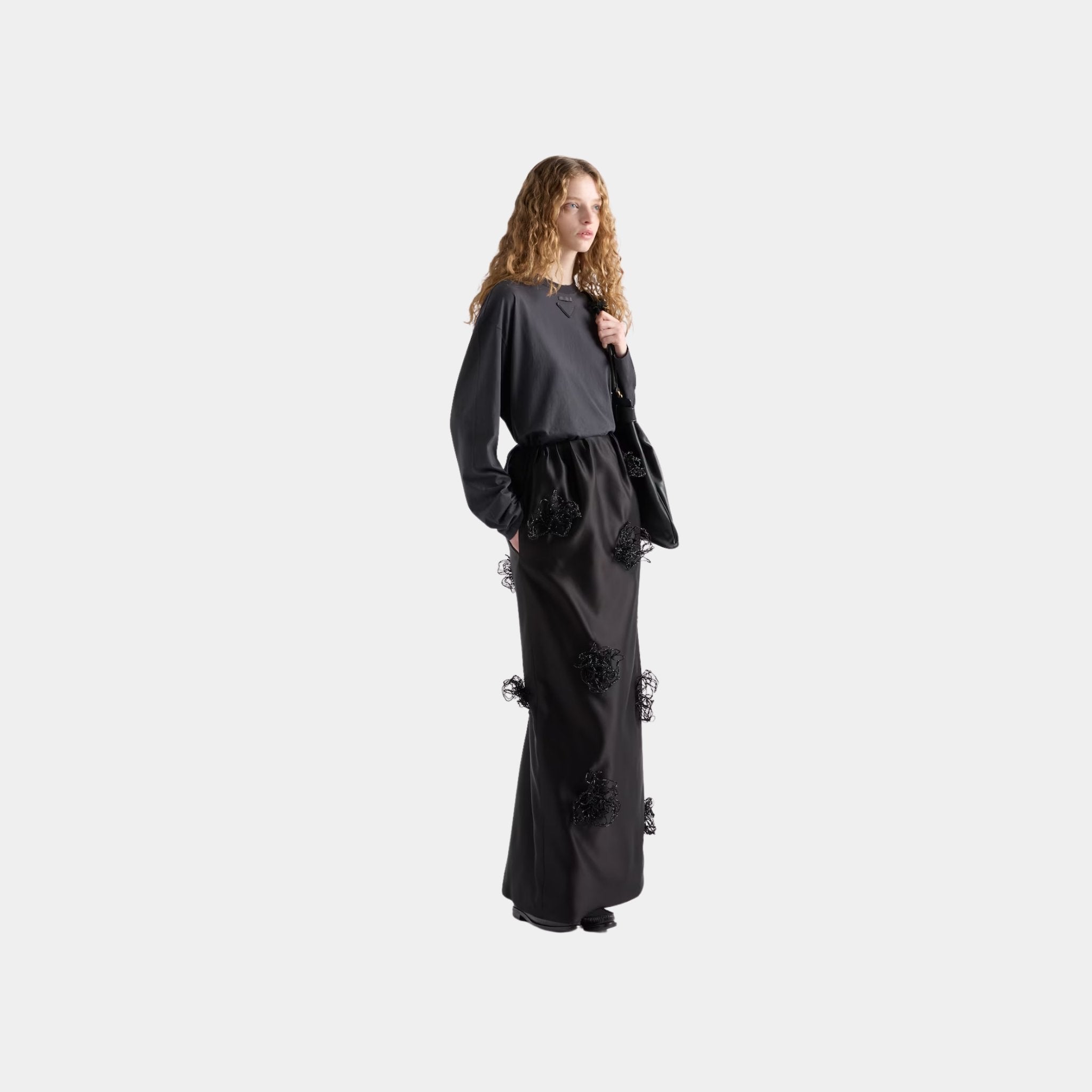 Long Embroidered Double Satin Skirt