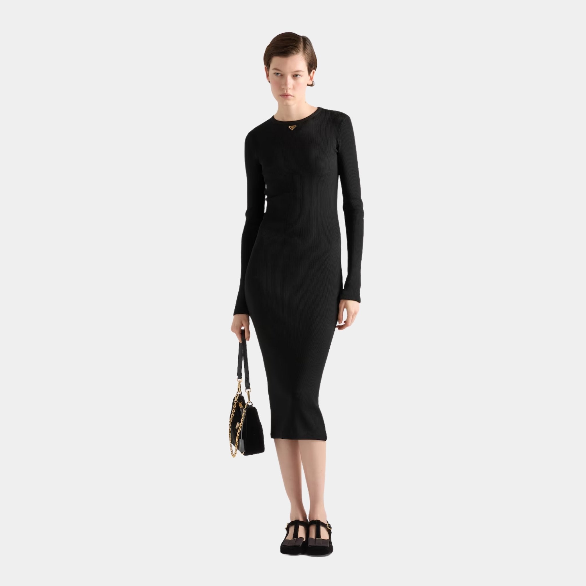 Ribbed Knit Jersey Long Sleeved Dress