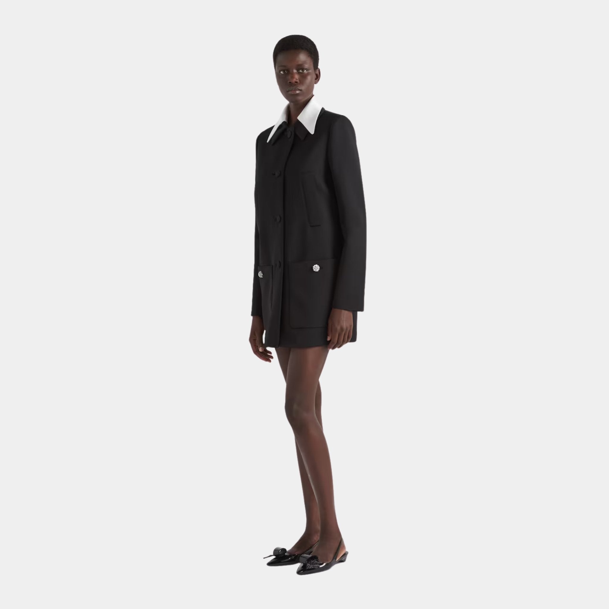 Singled-breasted Wool Sateen Coat with Collar