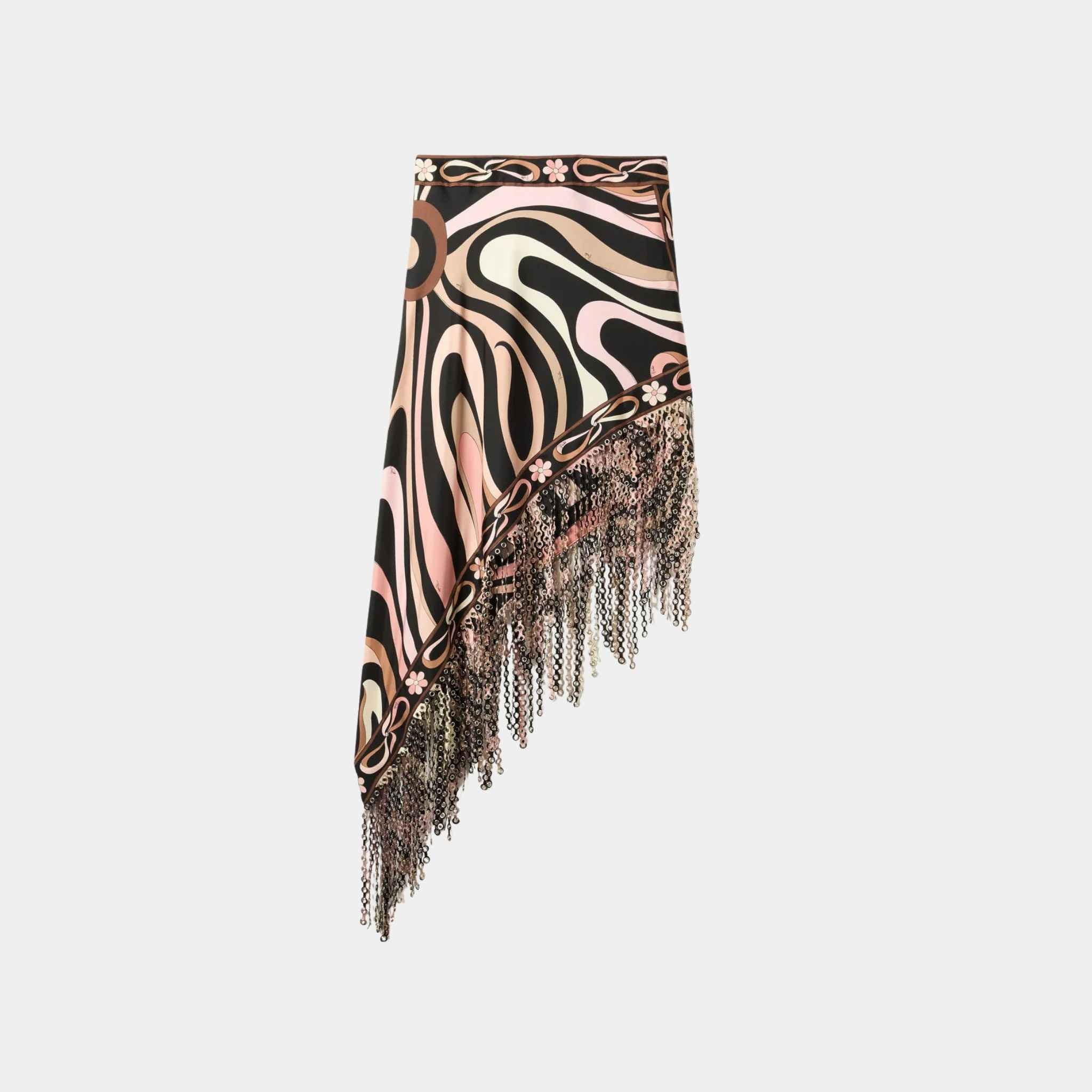 Marmo Print Asymmetrical Fringed Silk Skirt