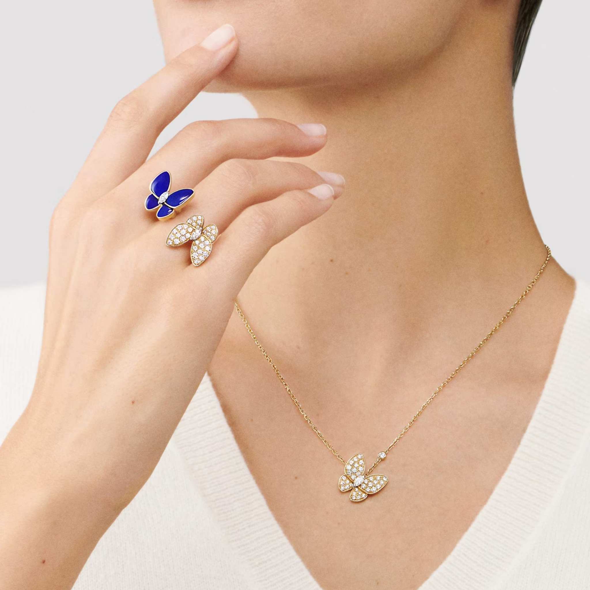 Two Butterfly Ring in Yellow Gold Diamond & Lapis Lazuli