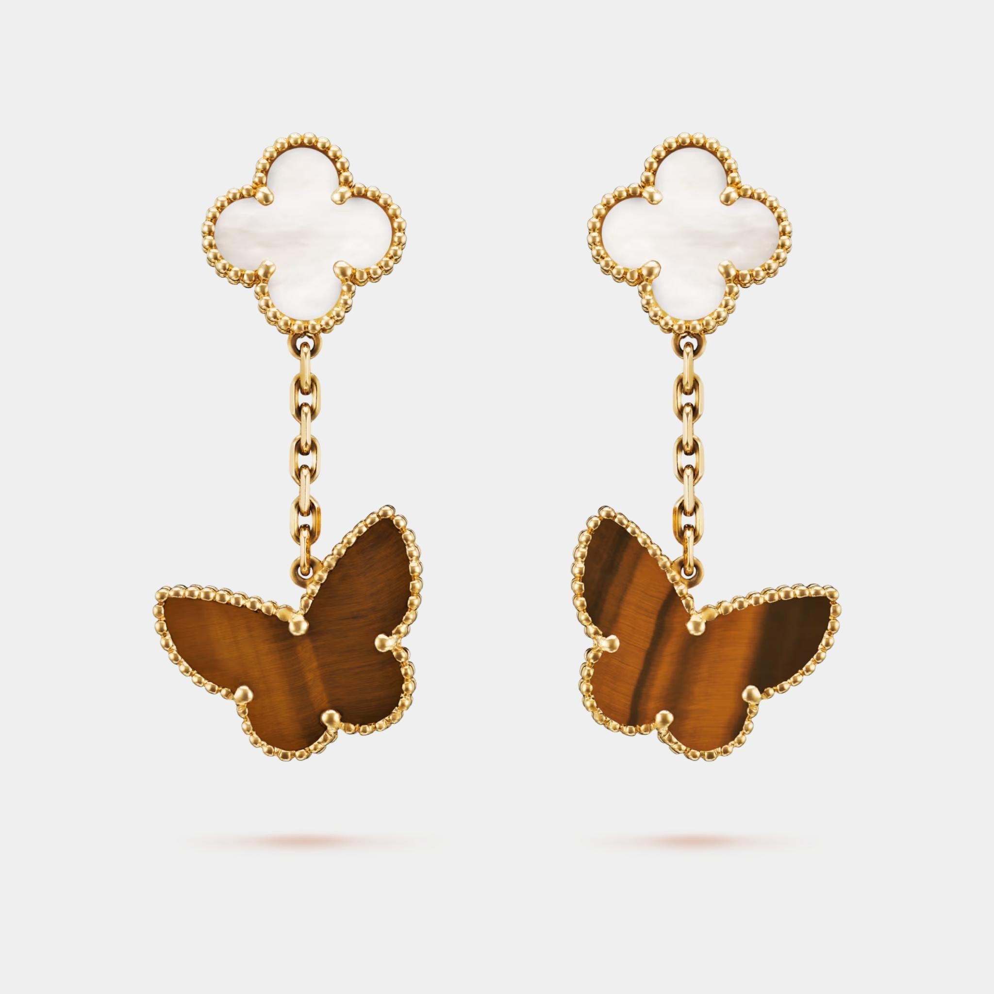 Lucky Alhambra Earrings Gold And Pearl Tiger Eye