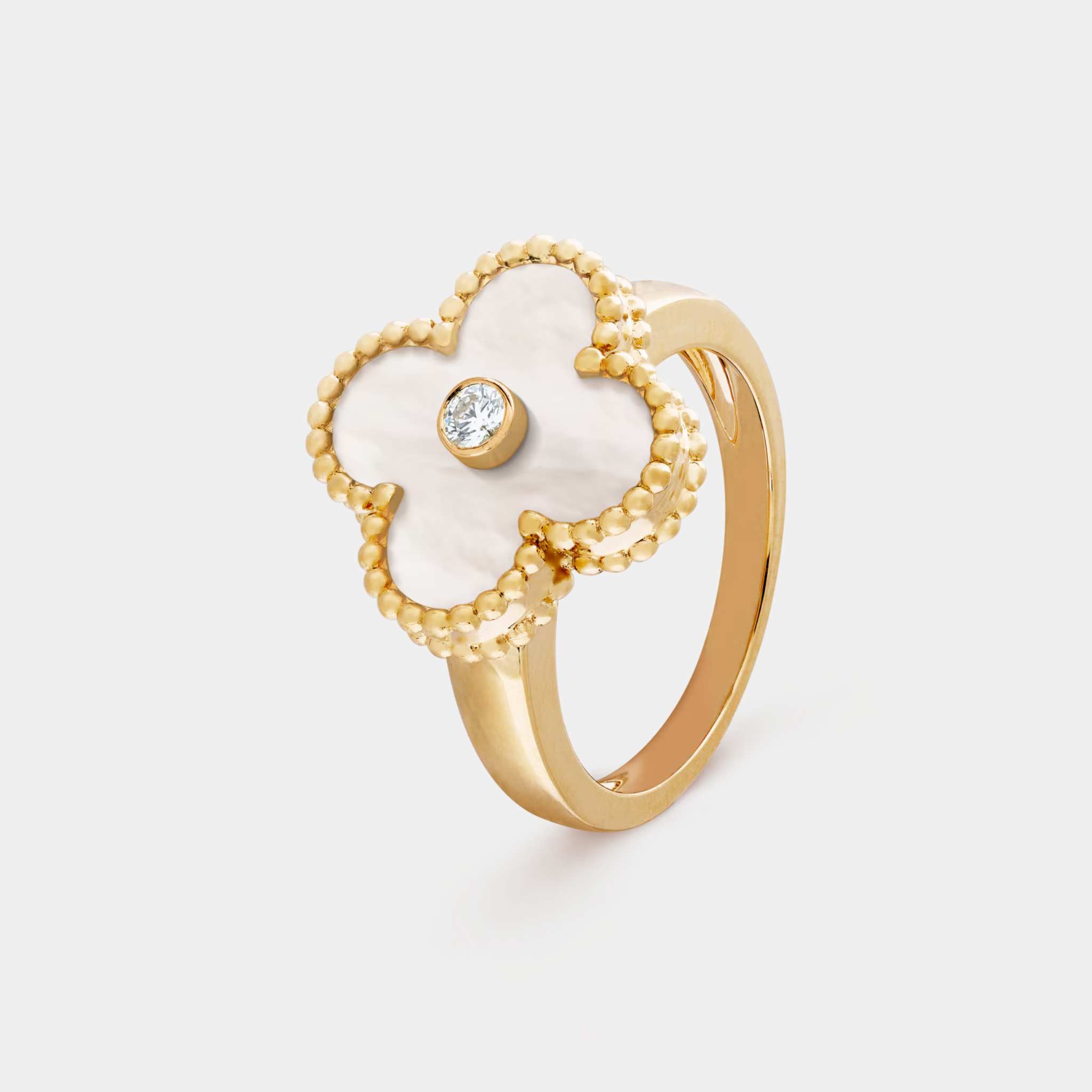 Vintage Alhambra Ring Yellow Gold Diamond Mother Of Pearl