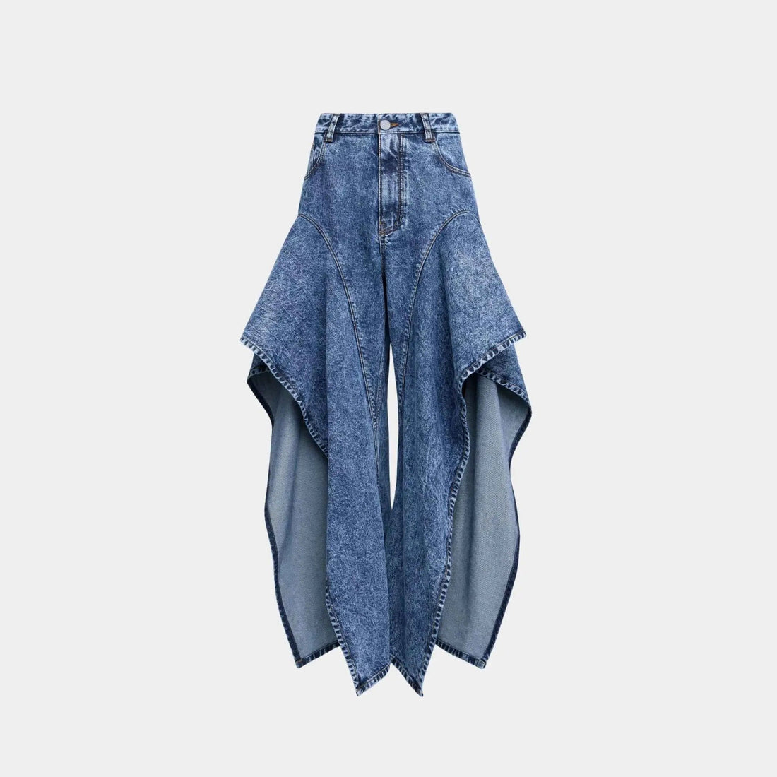 Assymetrical Ruffle Pants in Snow Denim