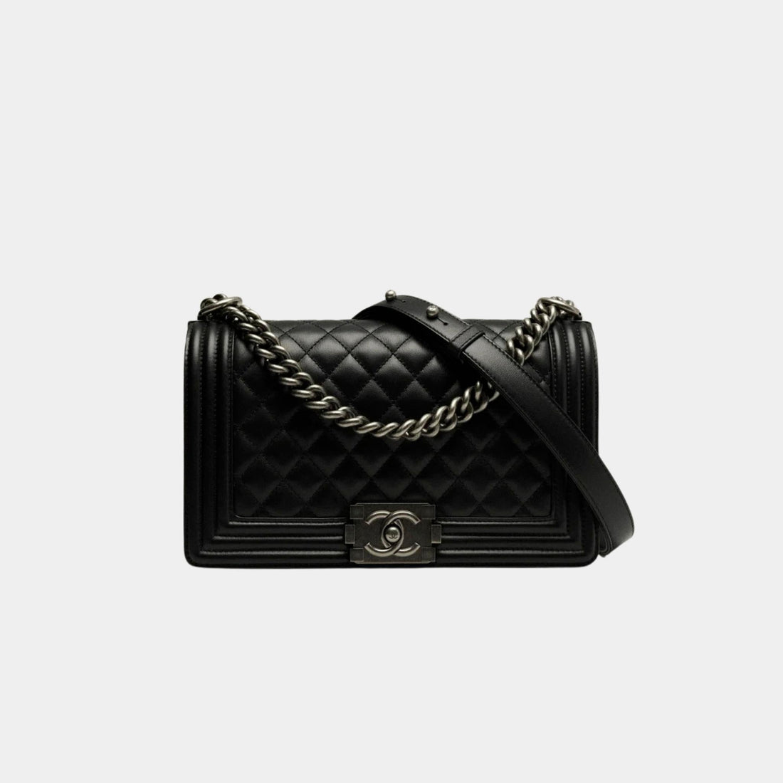 BOY CHANEL Handbag Calfskin Ruthenium-Finish Metal Black