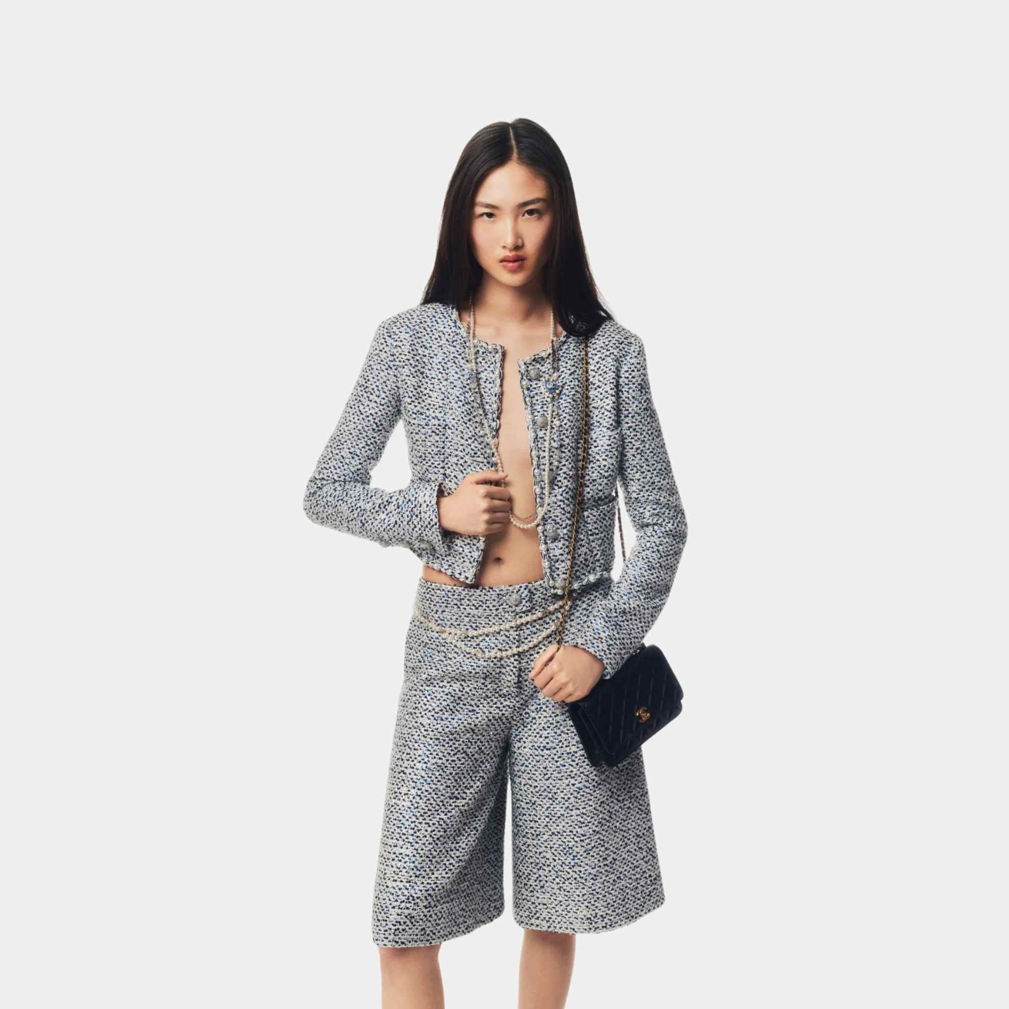 Bermuda Shorts Glittered Tweed White Blue Black