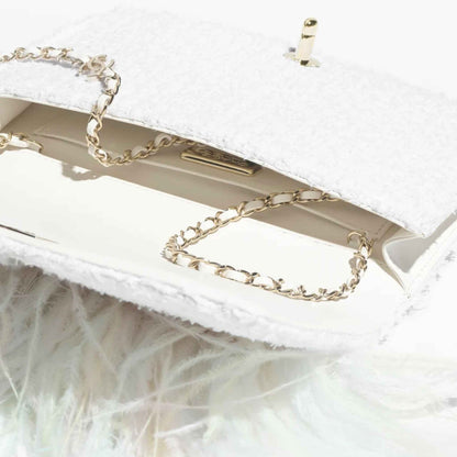 Clutch In Tweed Feathers Pearls &amp; Gold Tone Metal White