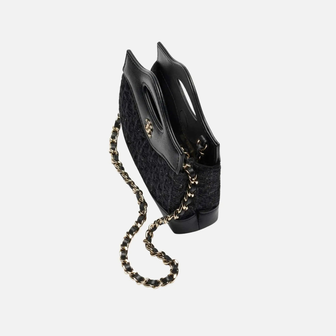 Clutch With Chain Cotton Tweed Shiny Lambskin Gold Tone Metal