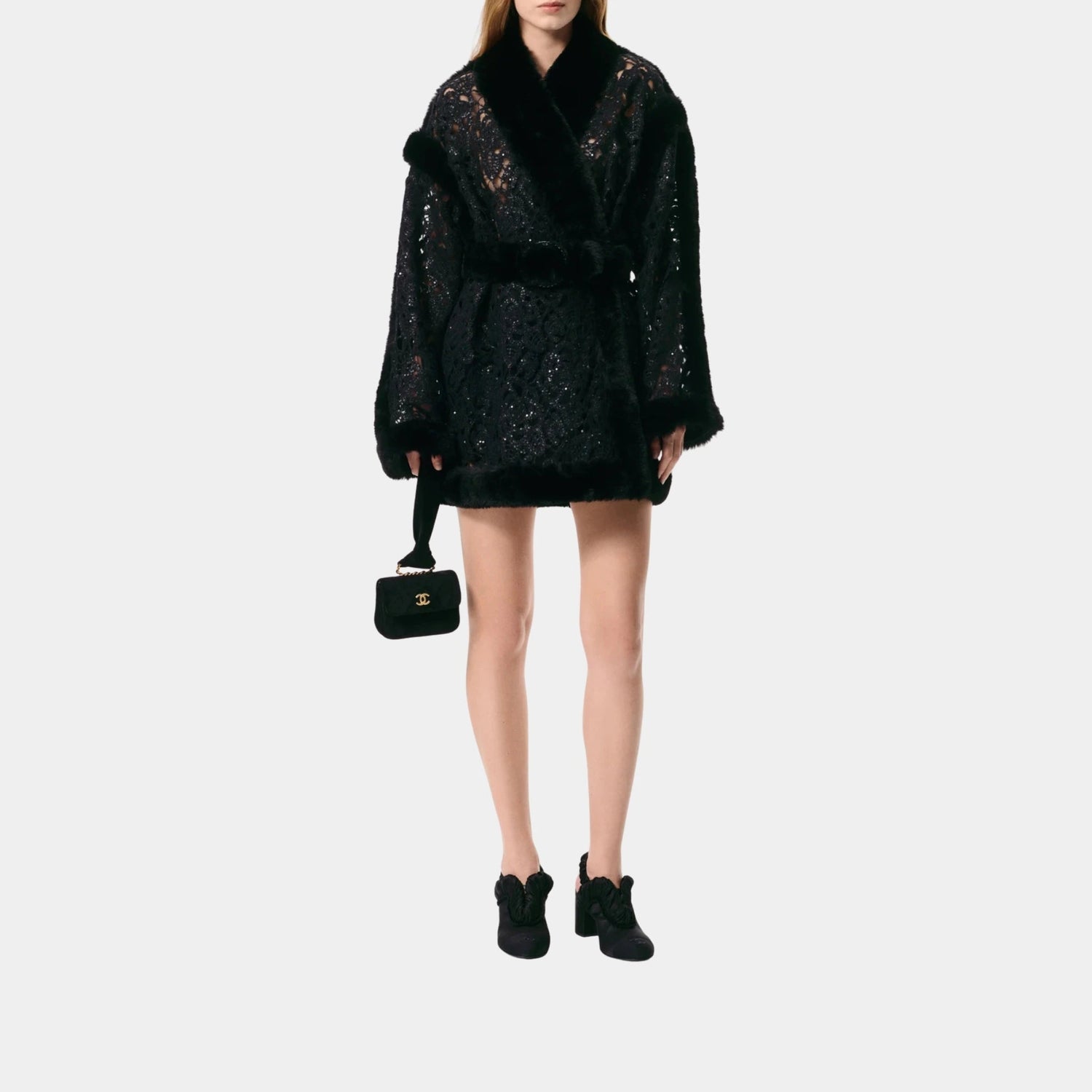 Coat in Crocheted Guipure Embroidered with Sequins