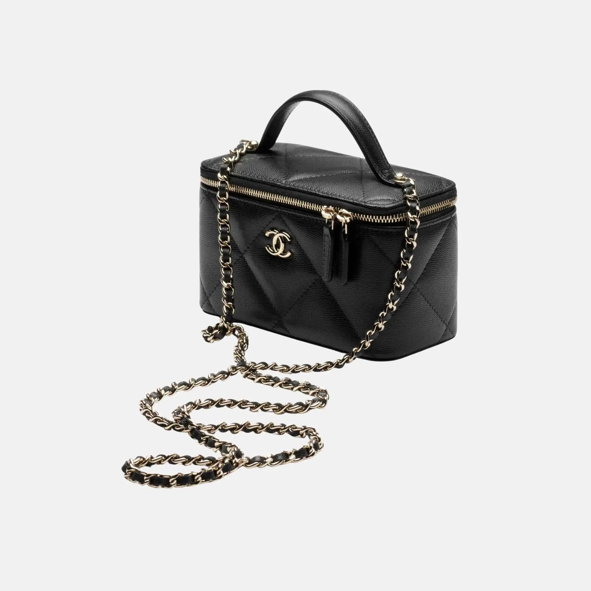 Long Vanity With Chain Grained Shiny Calfskin Gold Tone Metal Black