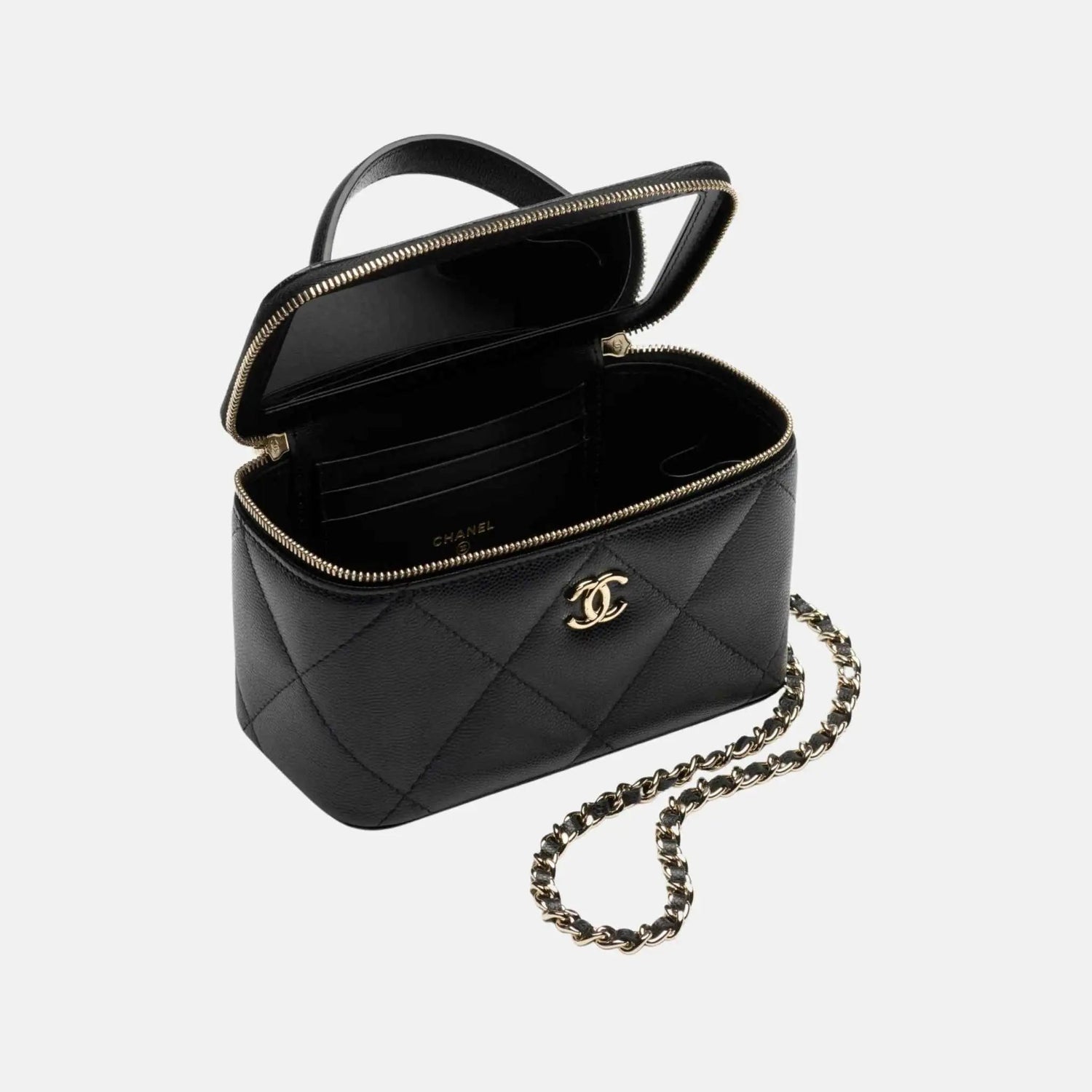 Long Vanity With Chain Grained Shiny Calfskin Gold Tone Metal Black