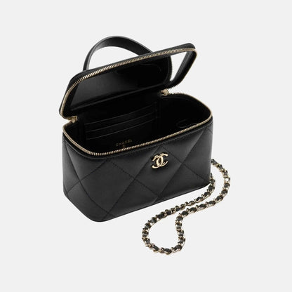 Long Vanity With Chain Grained Shiny Calfskin Gold Tone Metal Black