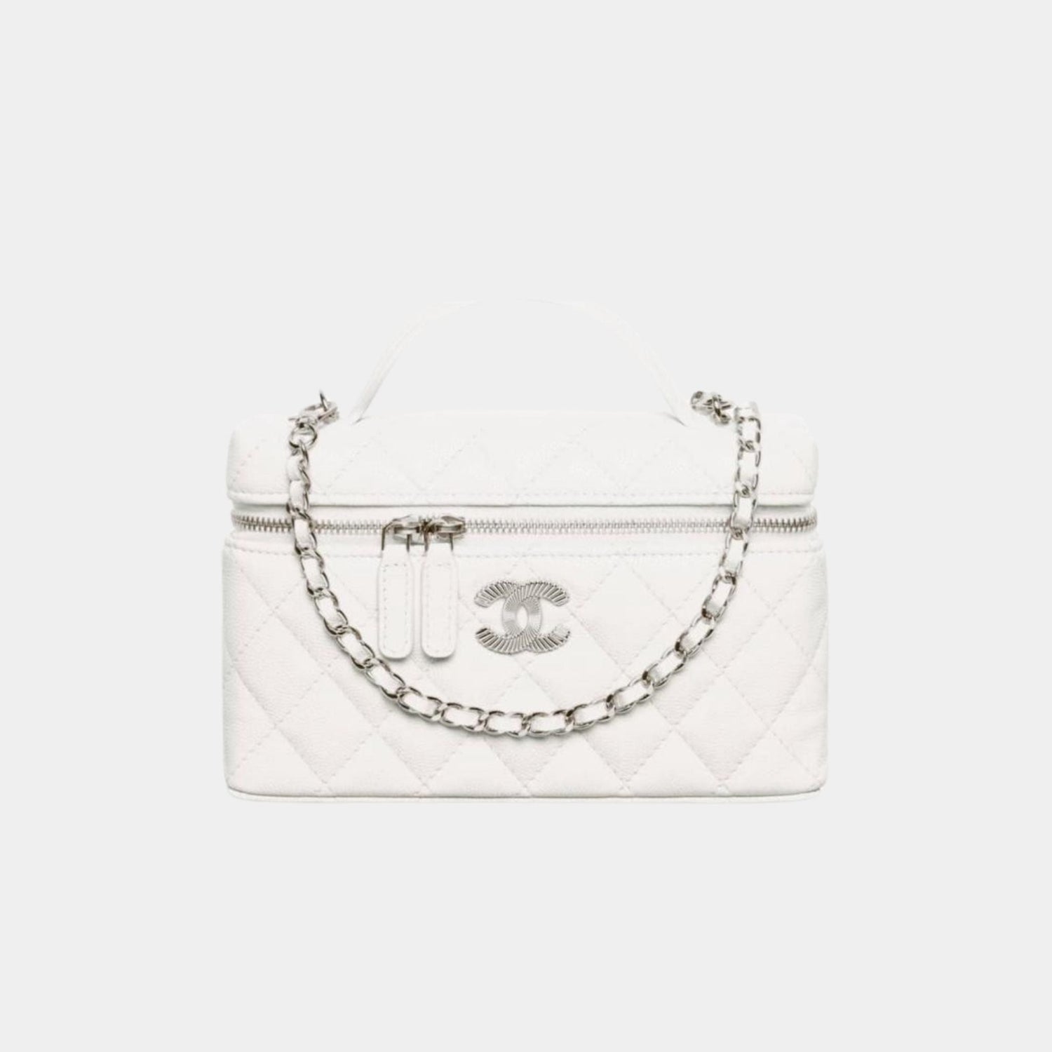 Long Vanity with Chain in Shiny Grained Calfskin and Silver Tone Metal