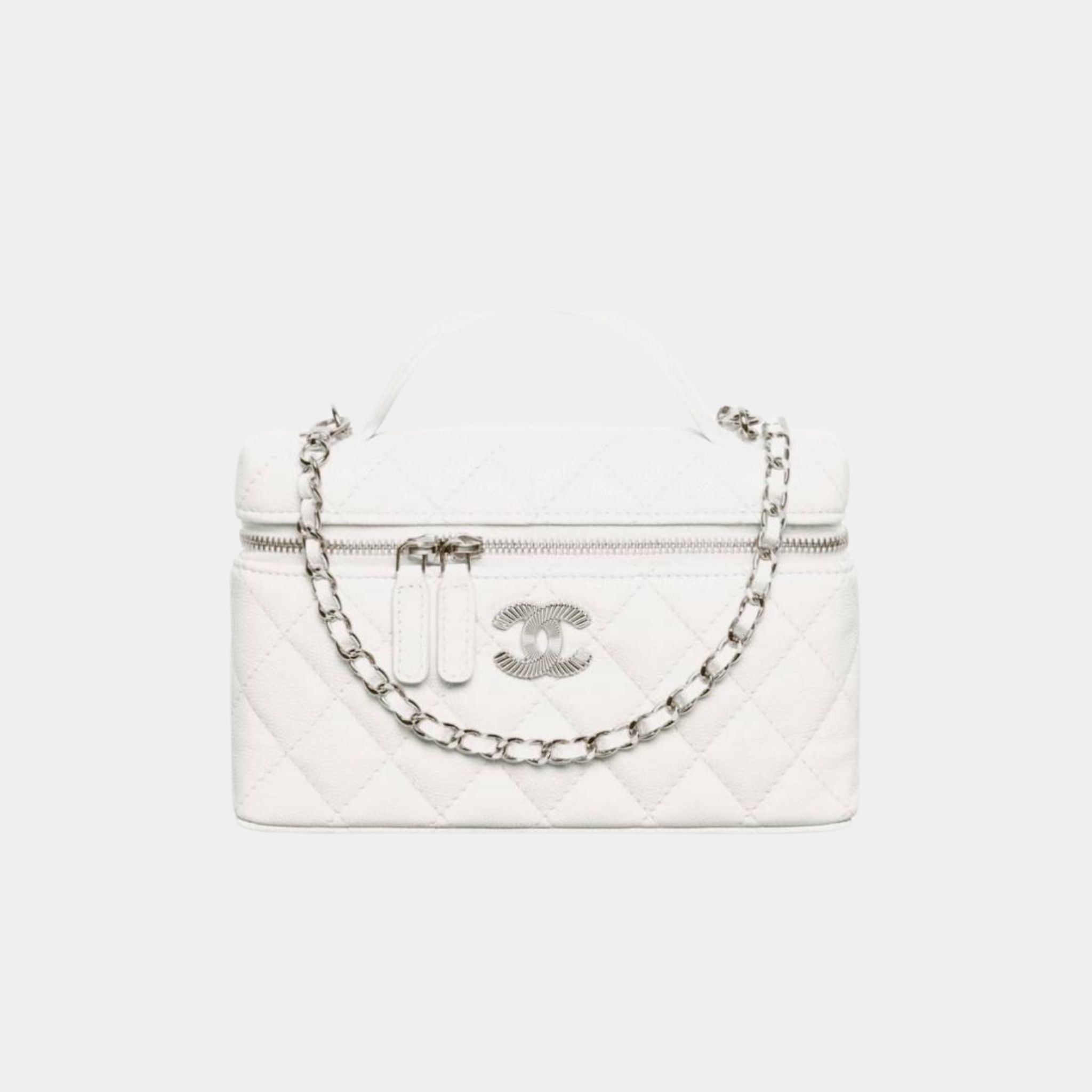 Long Vanity with Chain in Shiny Grained Calfskin and Silver Tone Metal