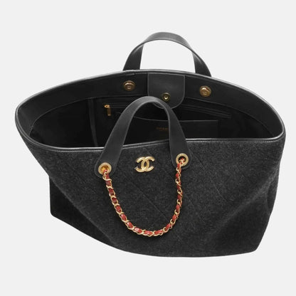 Maxi Shopping Bag Wool Dark Grey Gold Tone Metal