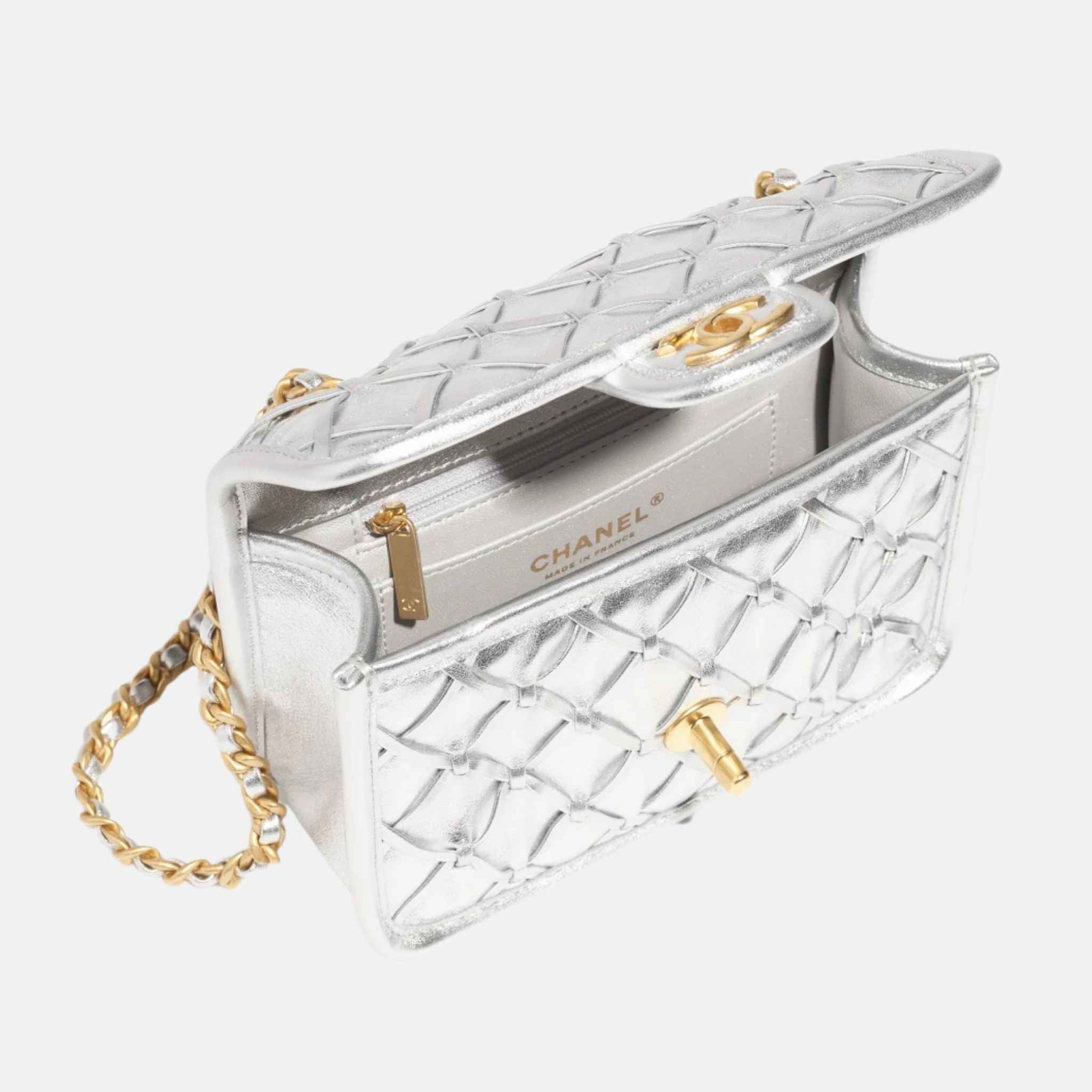 Mini Flap Bag In Metallized Braided Calfskin